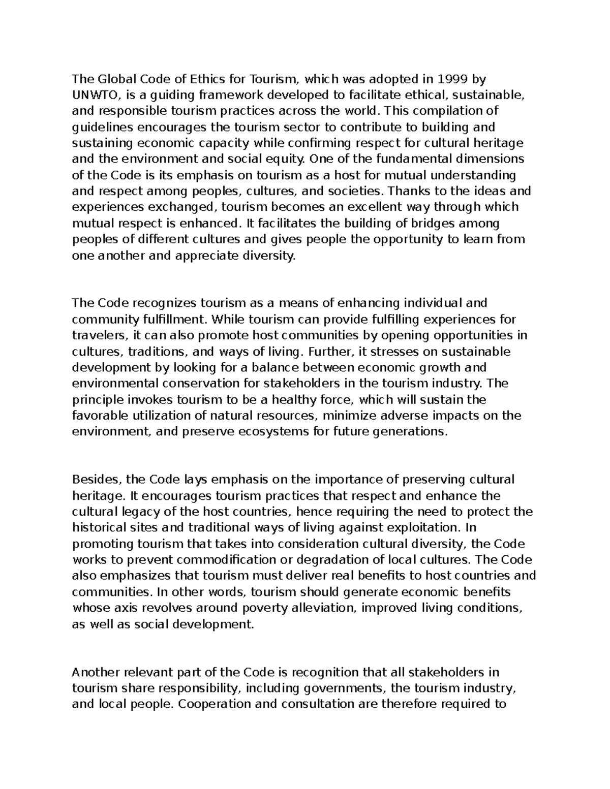 Document - Assignment - The Global Code of Ethics for Tourism, which ...