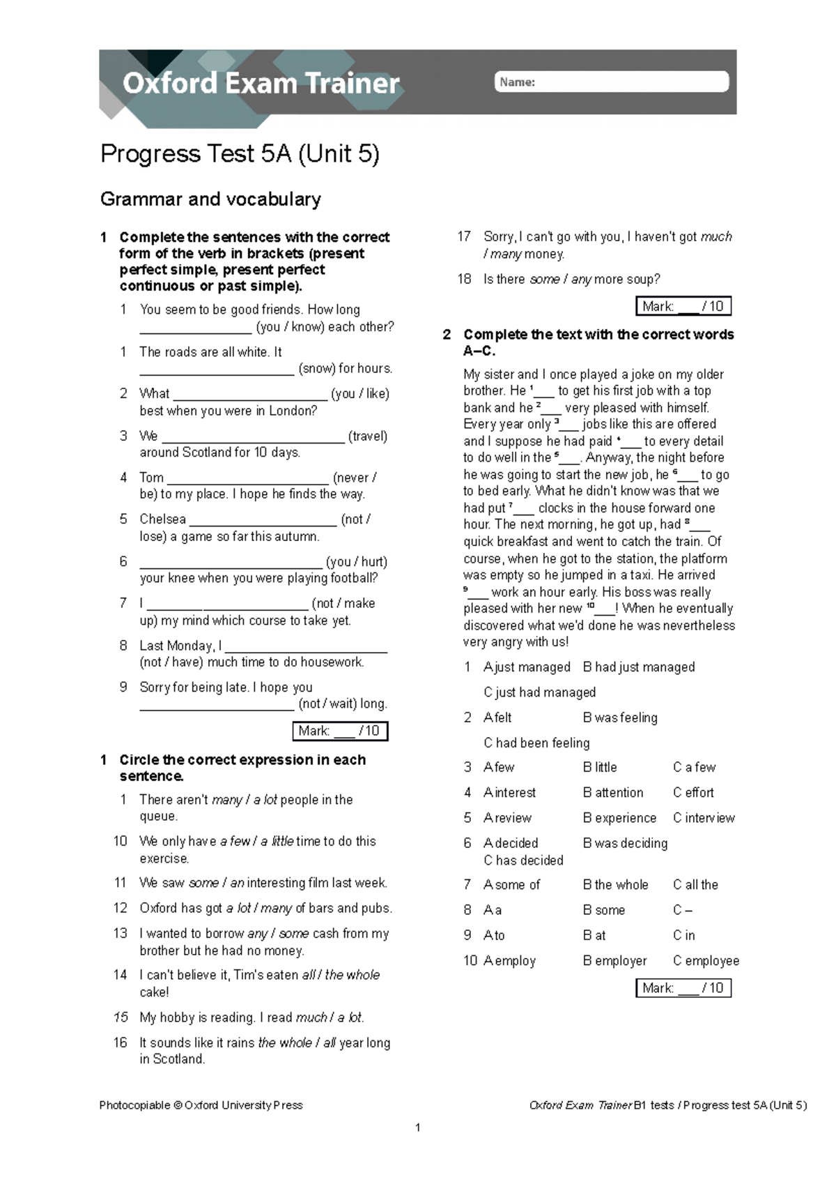 OET B1 Progress Test: Unit 5A & 5B Grammar & Vocabulary Review - Studocu
