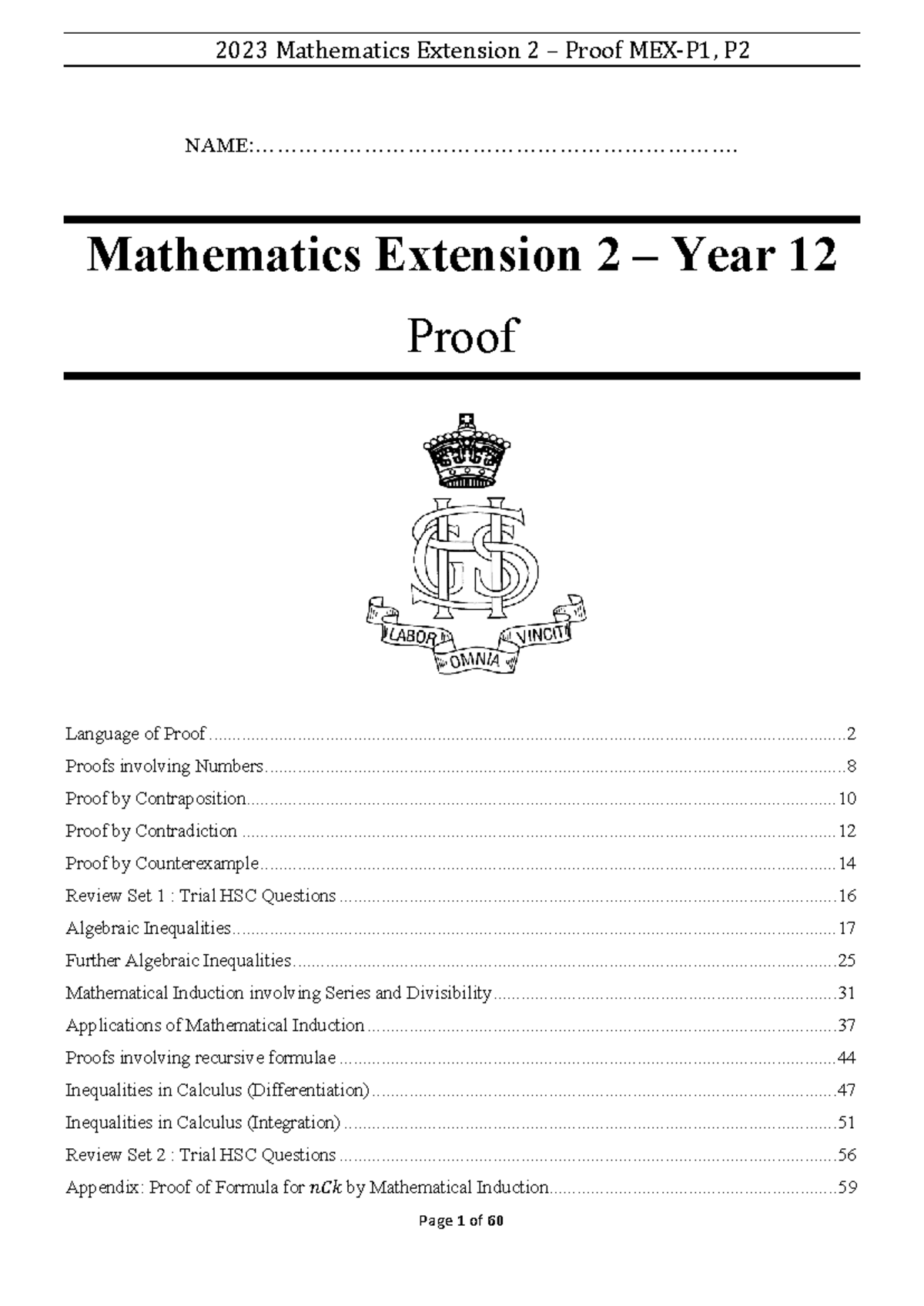 2023 Mathematics Extension 2 Year 12 Proof Notes and Examples - Studocu