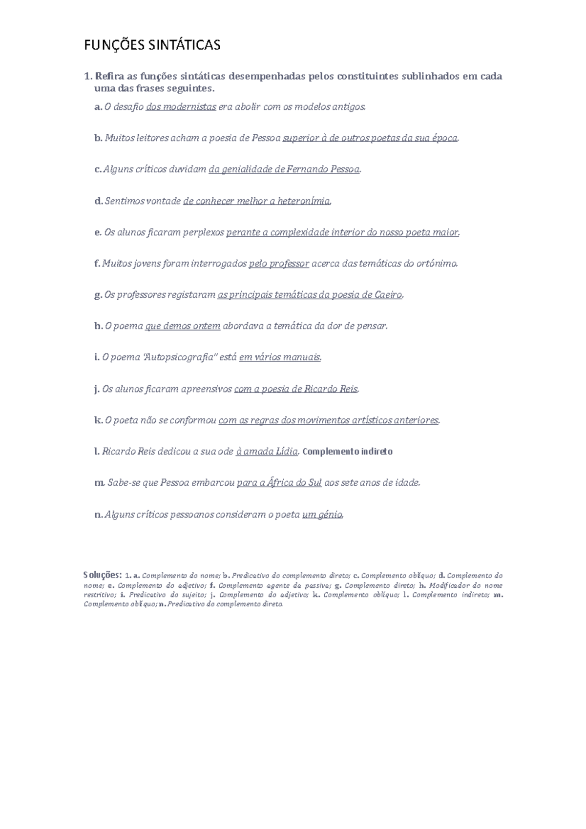 Análise de Funções Sintáticas - 11.º Ano (Soluções) - Studocu