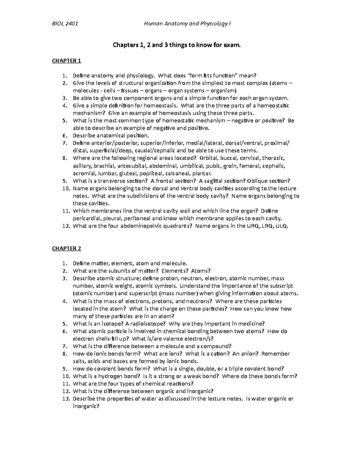 BIOL 2401 Anatomy & Physiology I Exam Review: Key Concepts from ...