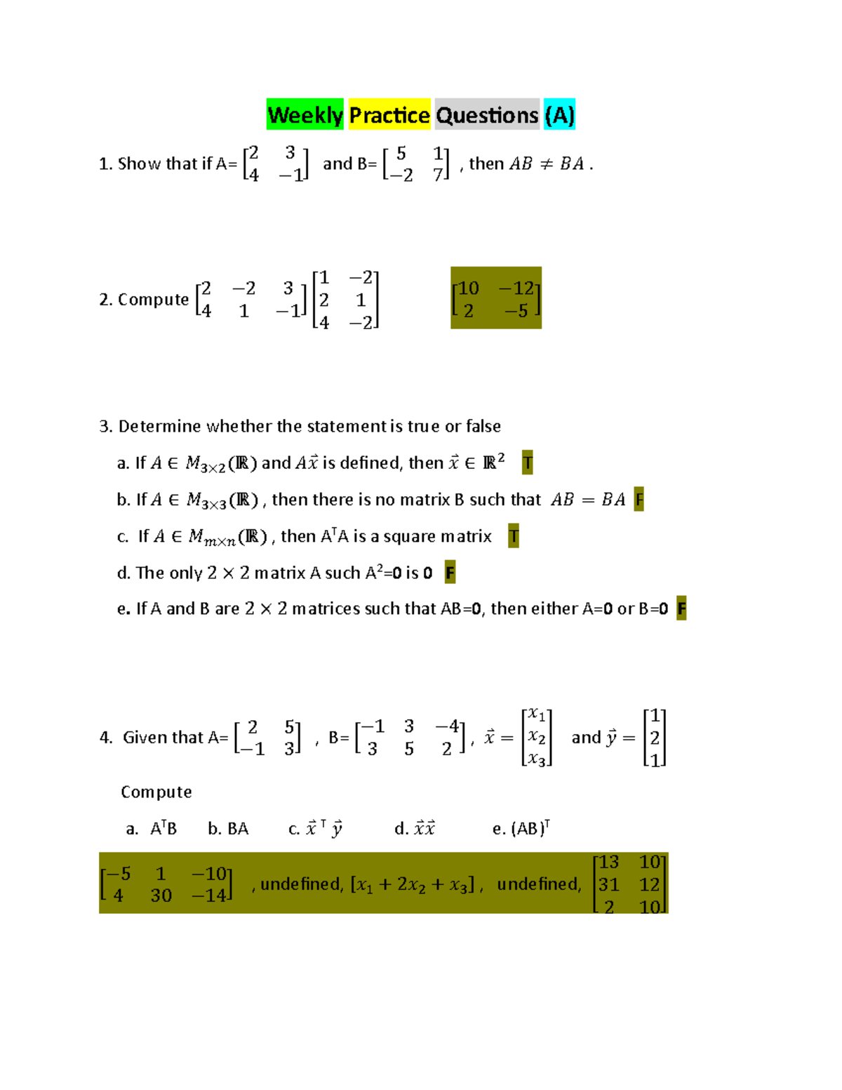 Week 1 Practice Questions (A) - Matrix Operations and Properties - Studocu
