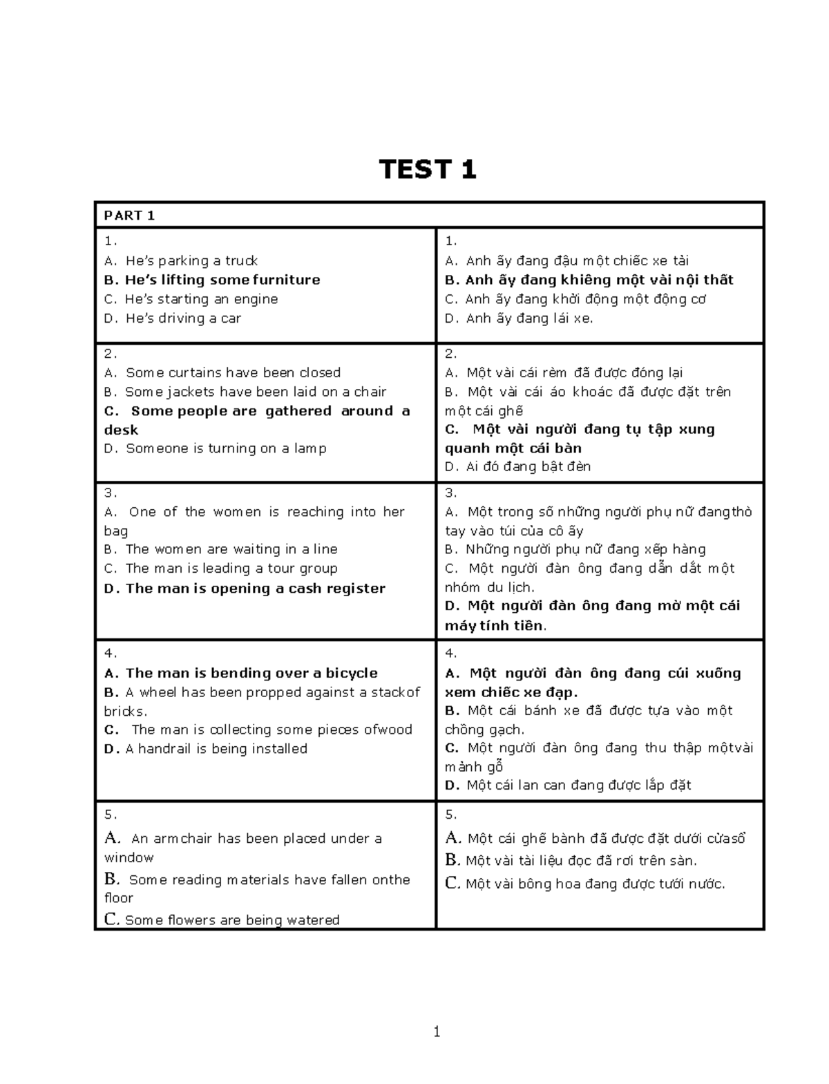 GIẢI CHI TIẾT LC TEST 1 - no. - TEST 1 PART 1 1. A. He’s parking a ...