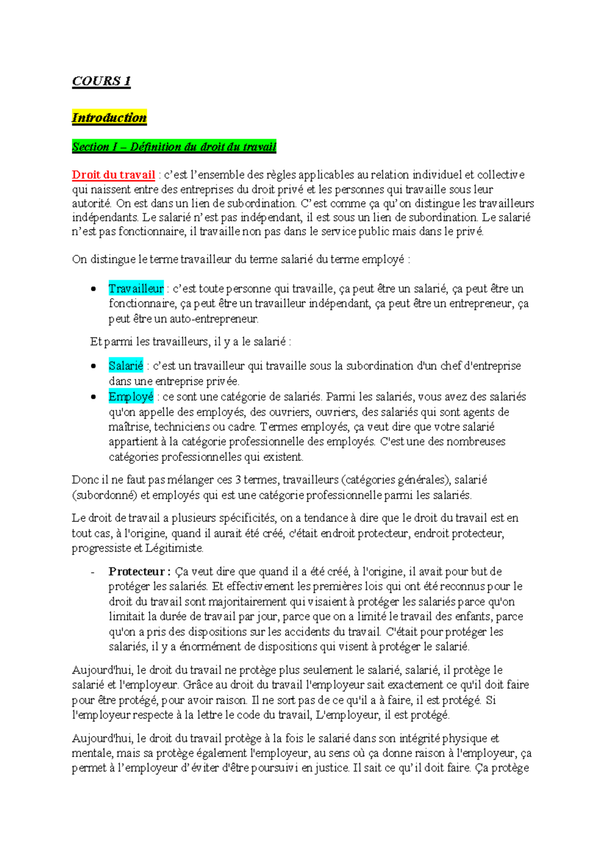 COURS 1 Introduction au Droit du Travail : Concepts et Évolution - Studocu