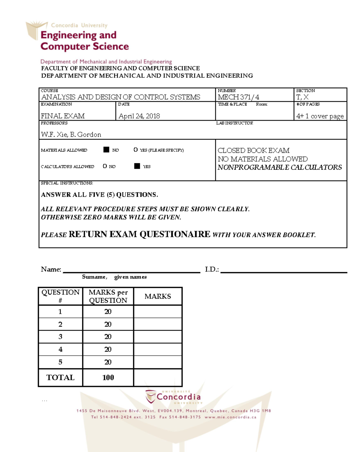 MECH 371 Final Exam Sample Questions and Instructions - Studocu