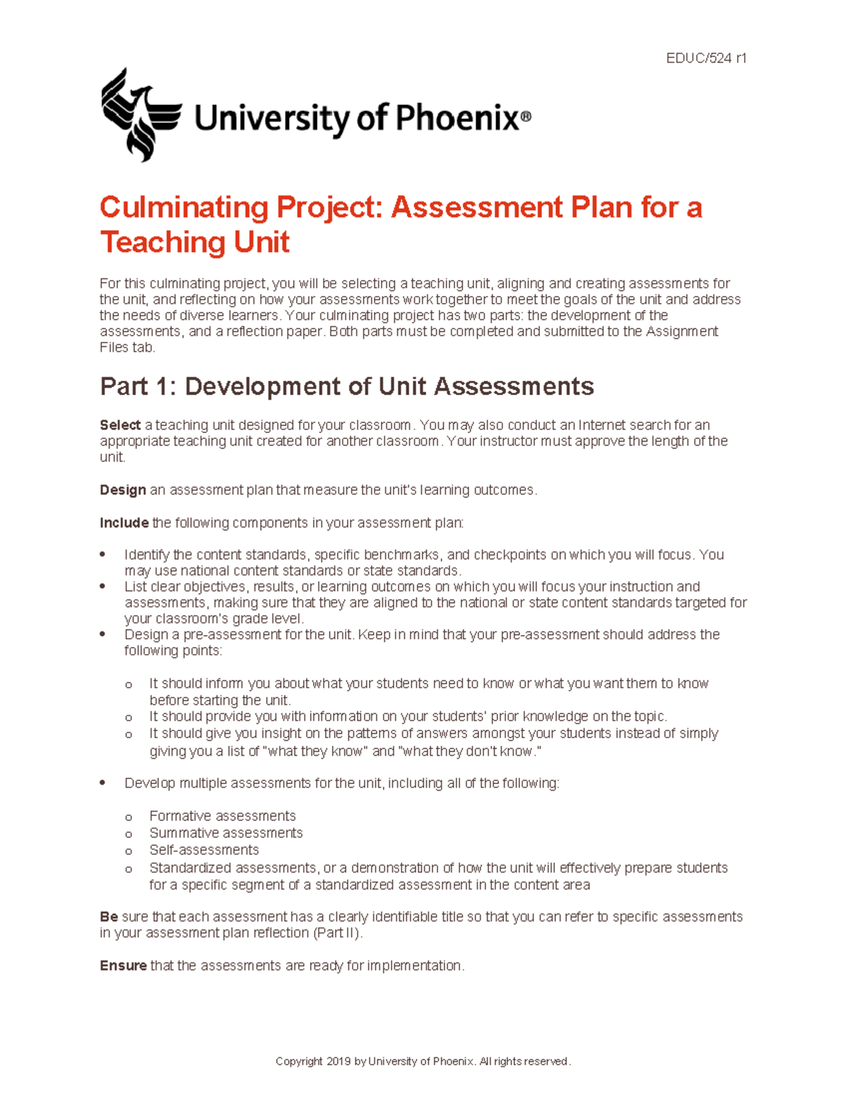 EDUC/524 r: Culminating Project Assessment Plan & Reflection Guide ...