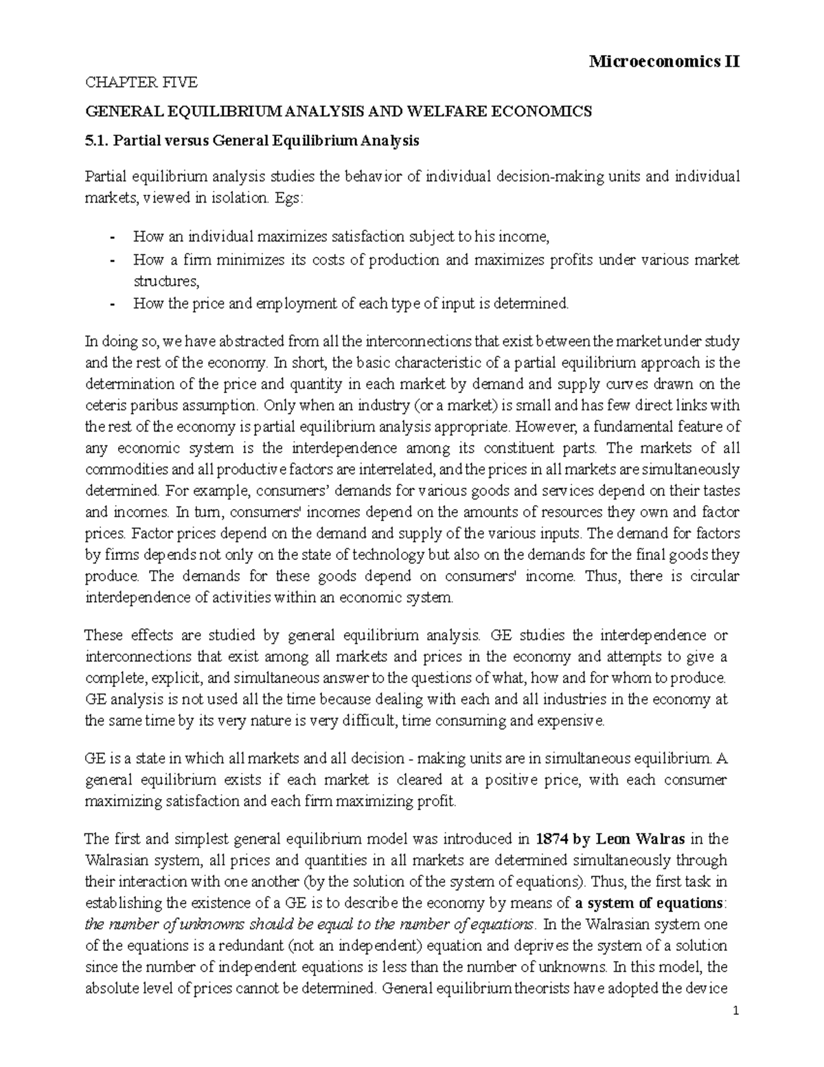Microeconomics II - General Equilibrium Analysis & Welfare Economics ...