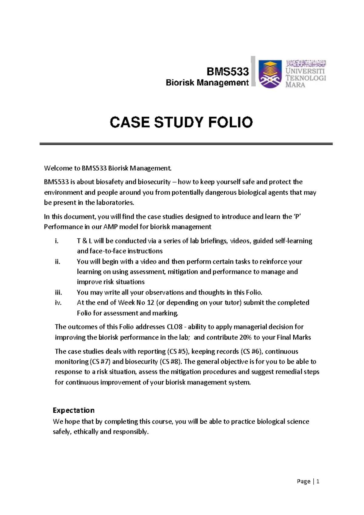 BMS533 Biorisk Management Case Study Folio: Insights & Improvements ...