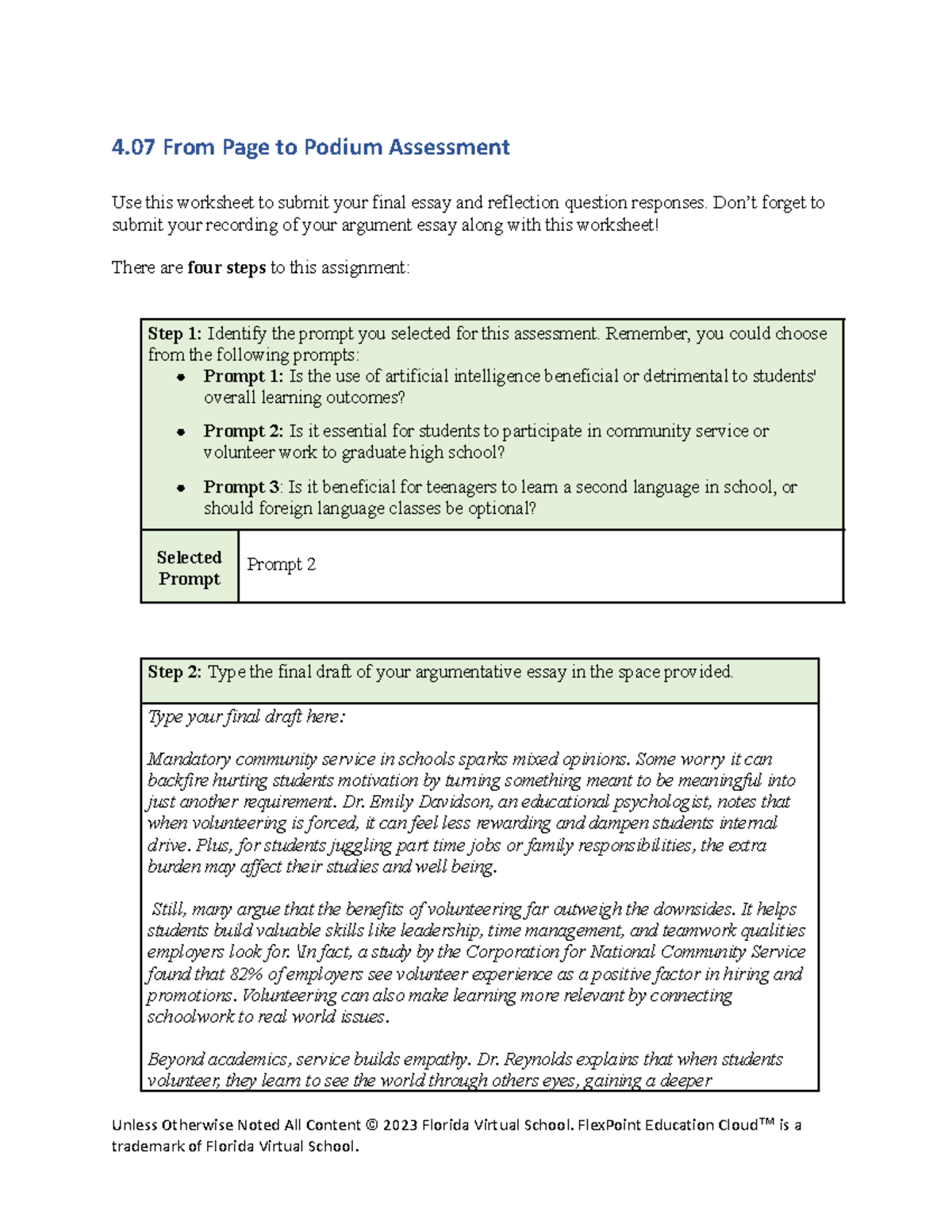 4.07 Final Essay & Reflection on Community Service Argument - Studocu