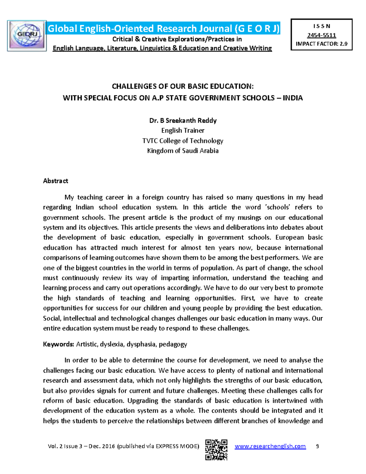 Challenges in Basic Education: Insights from A.P. Government Schools (G ...