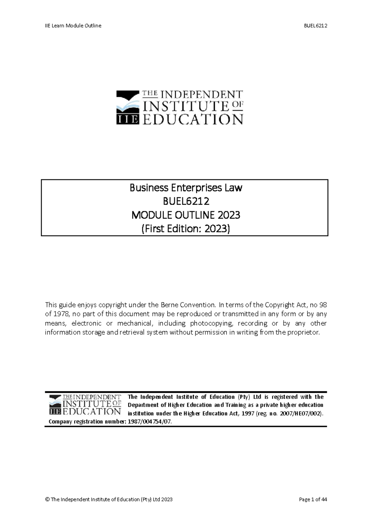 IIE Learn Module Outline: BUEL6212 Business Enterprises Law (2023 ...