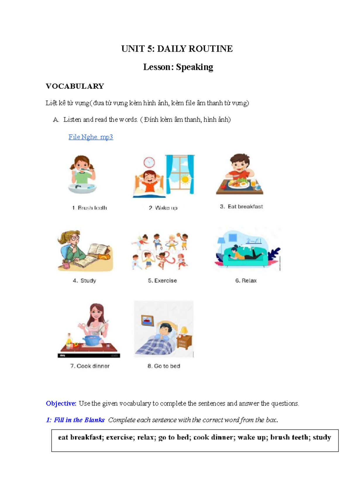 UNIT 5: DAILY ROUTINE Lesson - Speaking Vocabulary & Activities - Studocu