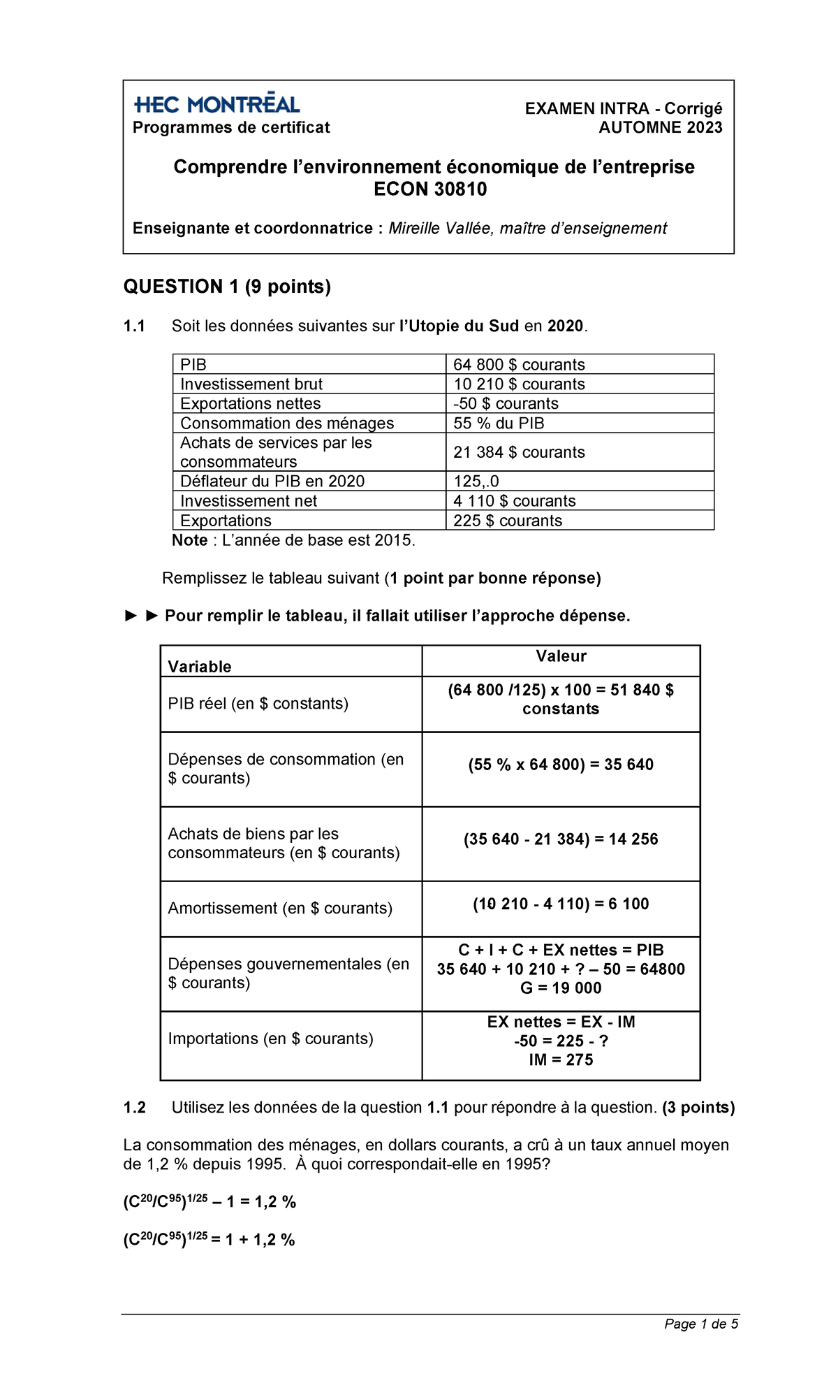 ECON 30810 A2023 - Corrigé de l'Examen Intra Économie d'Automne - Studocu