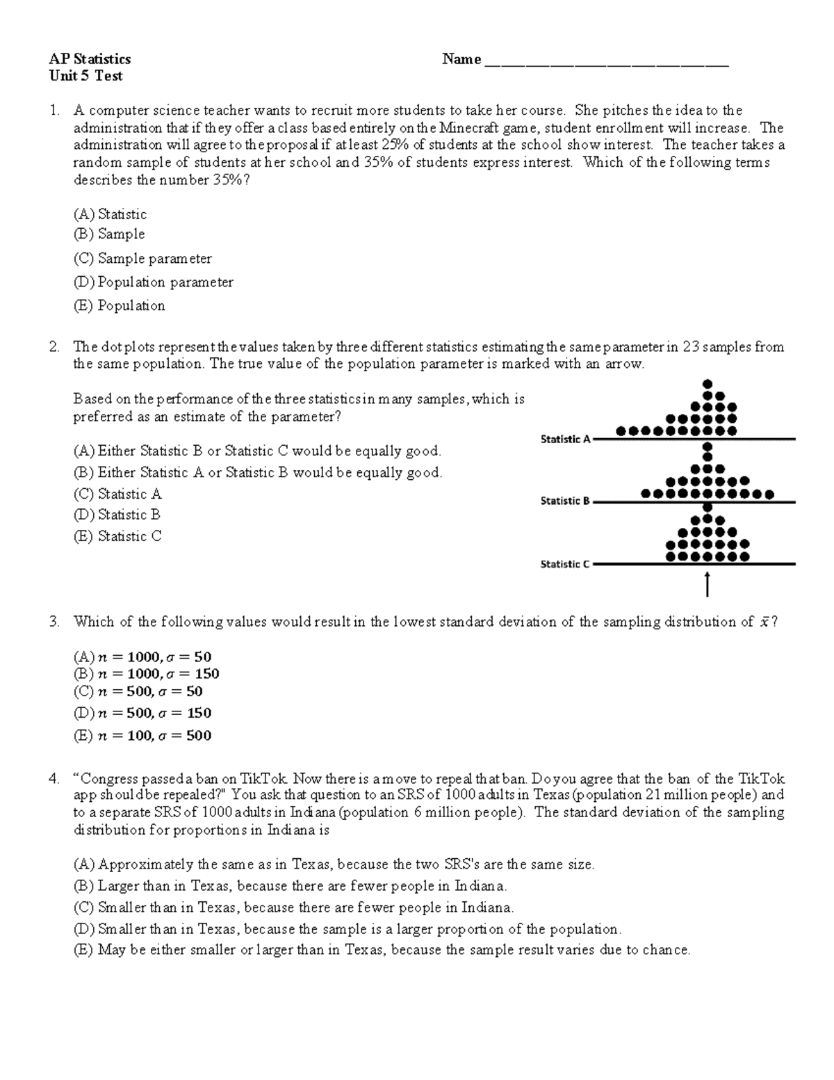 AP Statistics Unit 5 Test Version B: Student Interest & Sampling ...