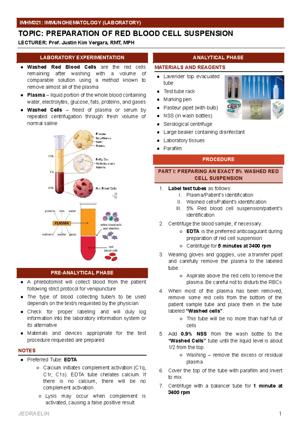 IMHM321: Lab 1 - Preparation of Red Blood Cell Suspension - Studocu