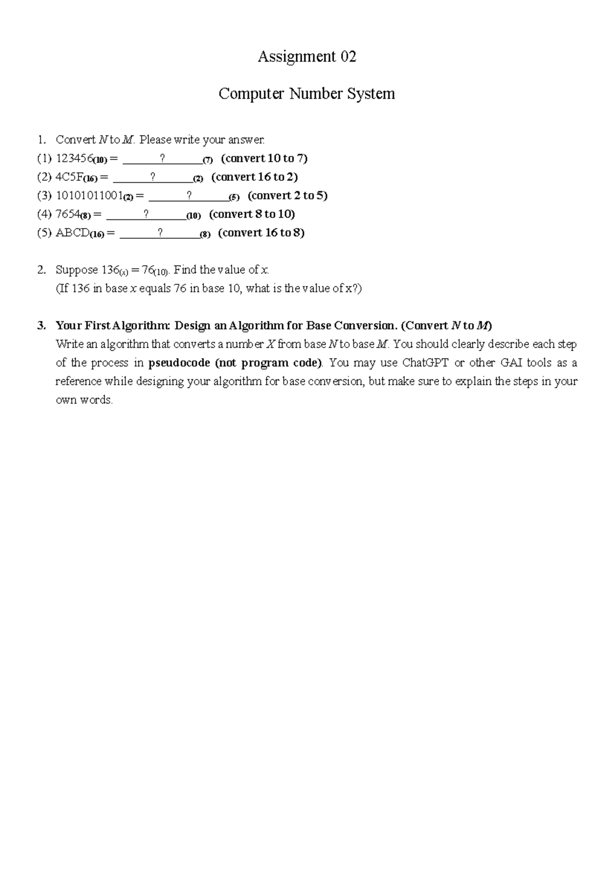 Assignment 02: Base Conversion Techniques in Computer Number System ...