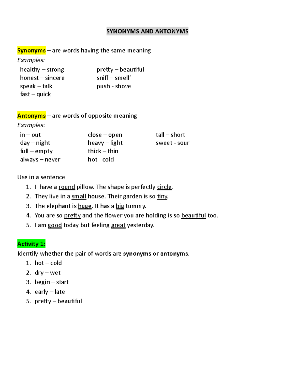 Lesson 2 - Synonyms and Antonyms Explained - Studocu
