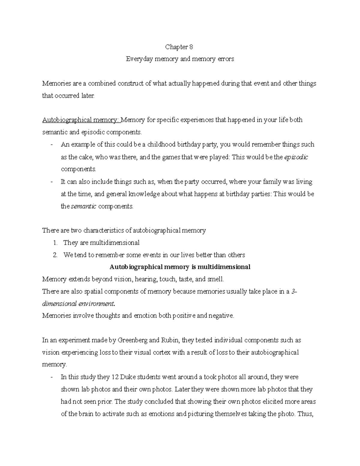 Chapter 8 Book Notes - Chapter 8 Everyday memory and memory errors ...