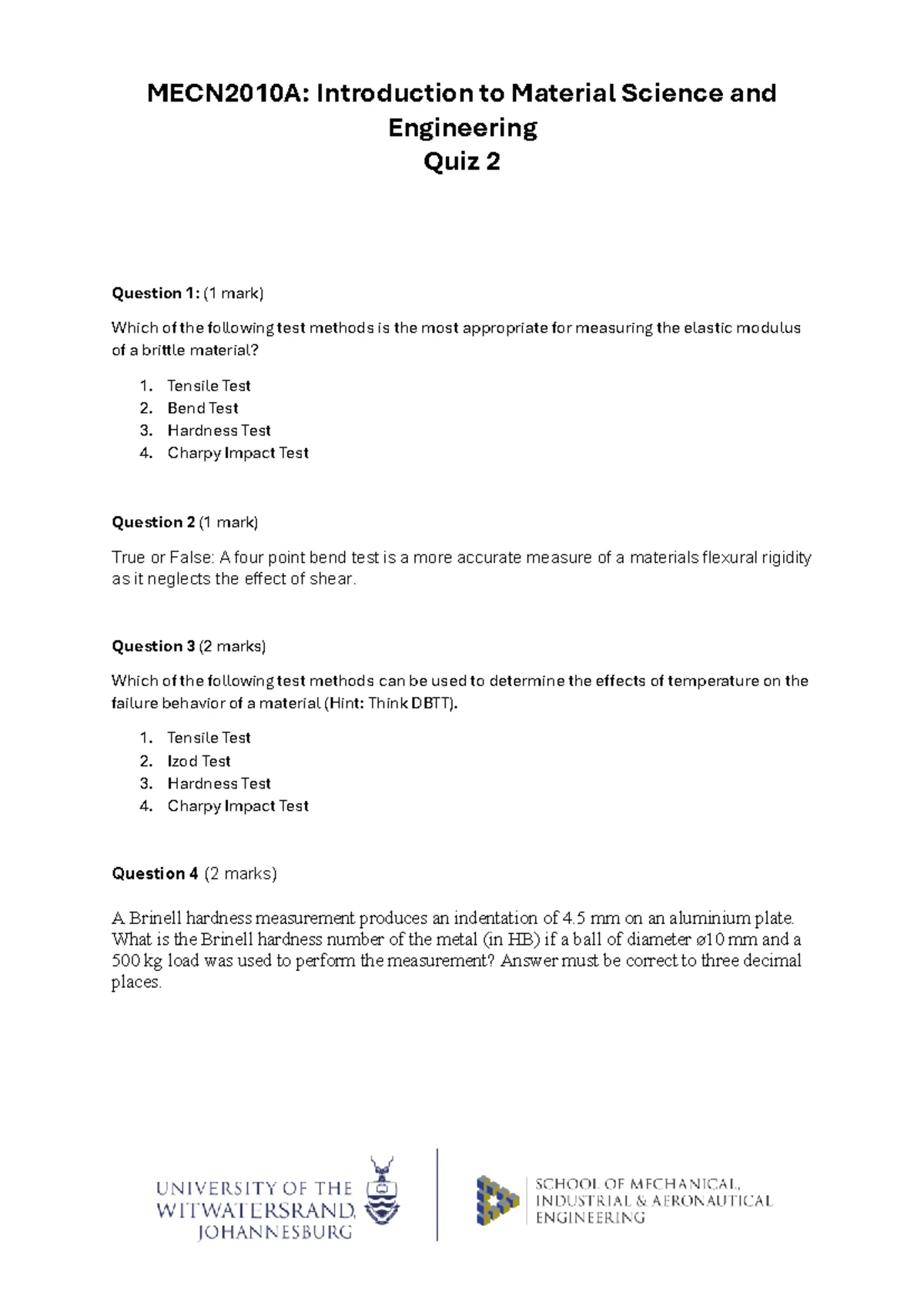 MECN2010A: Quiz 5 on Material Science and Engineering Concepts - Studocu