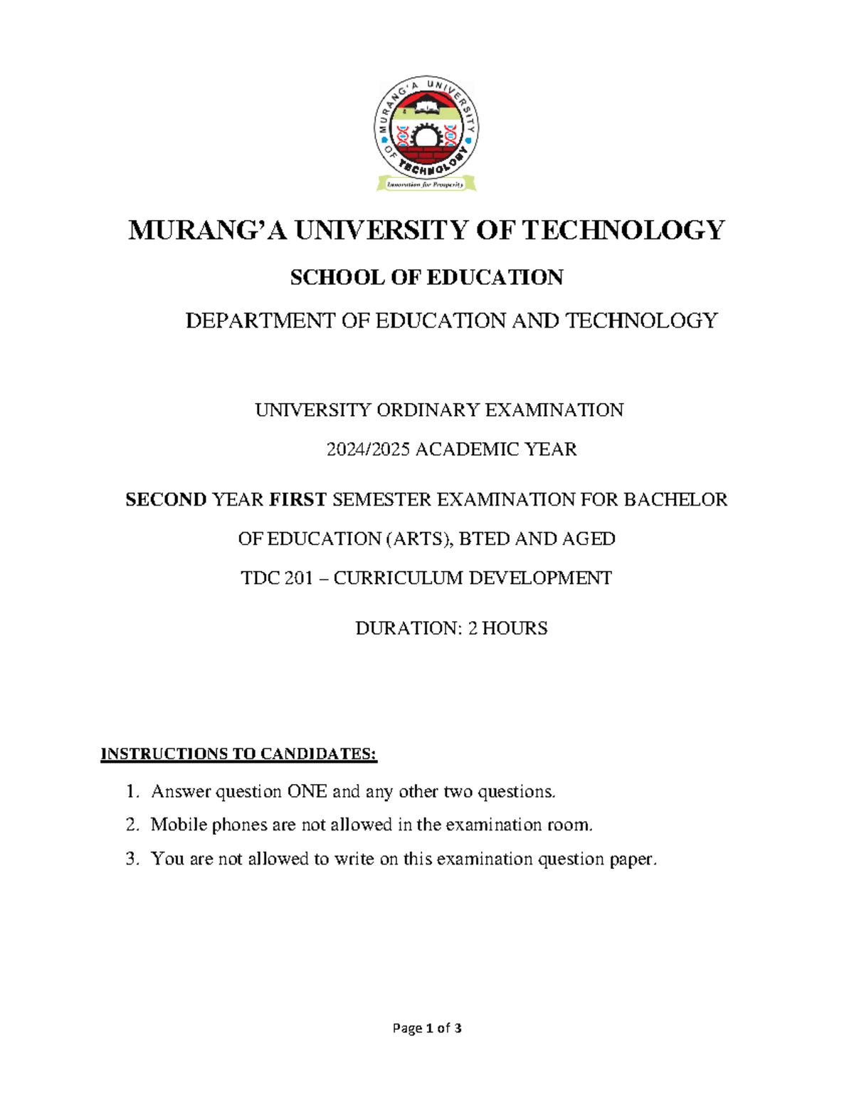 TDC 201 – Curriculum Development Exam Paper 2024 - Studocu