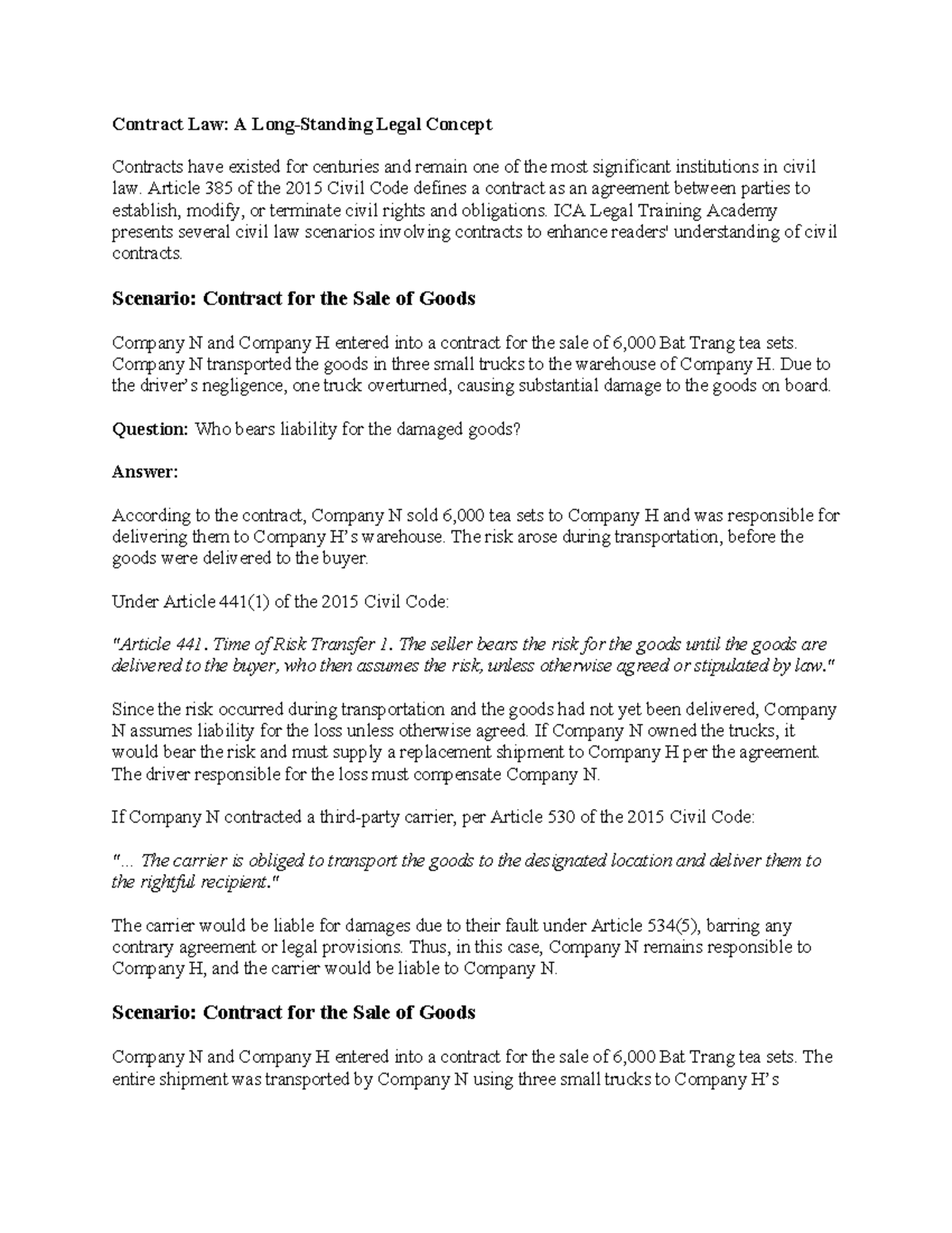 Practice exercises - Contract - Contract Law: A Long-Standing Legal ...