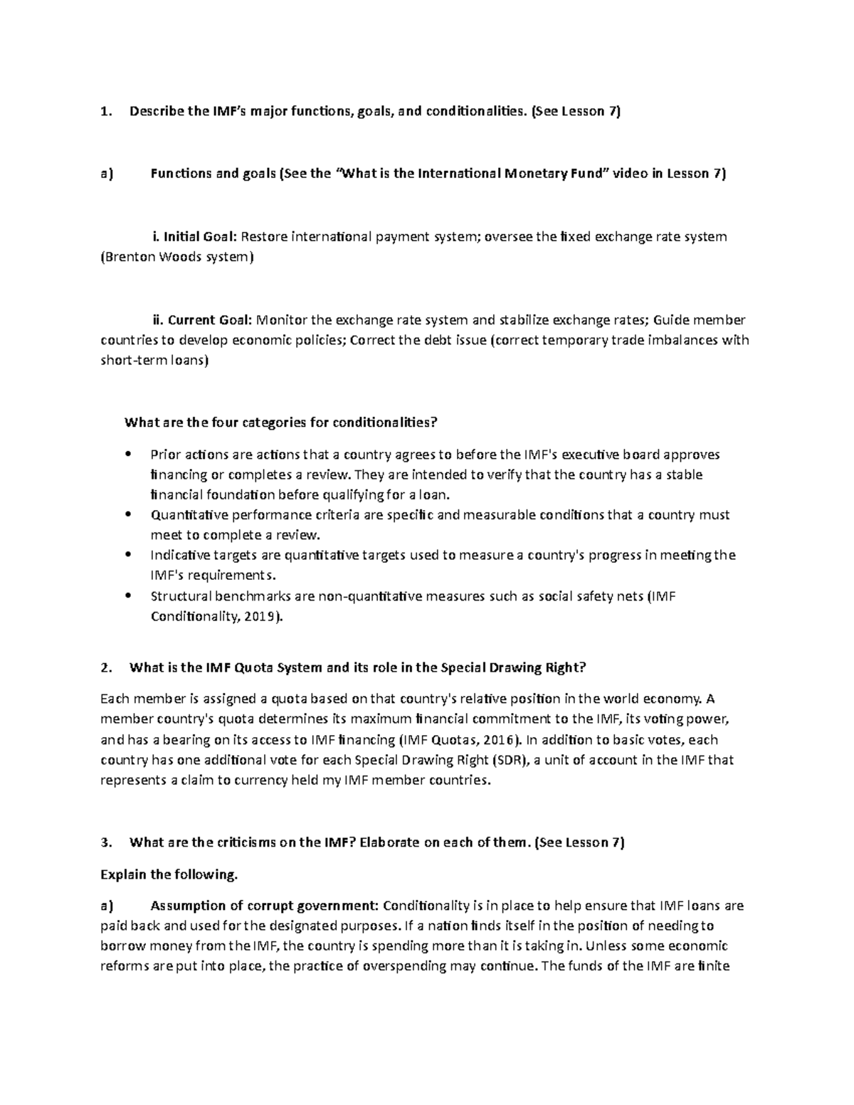 Module 2 - Study guide - Describe the IMF’s major functions, goals, and ...