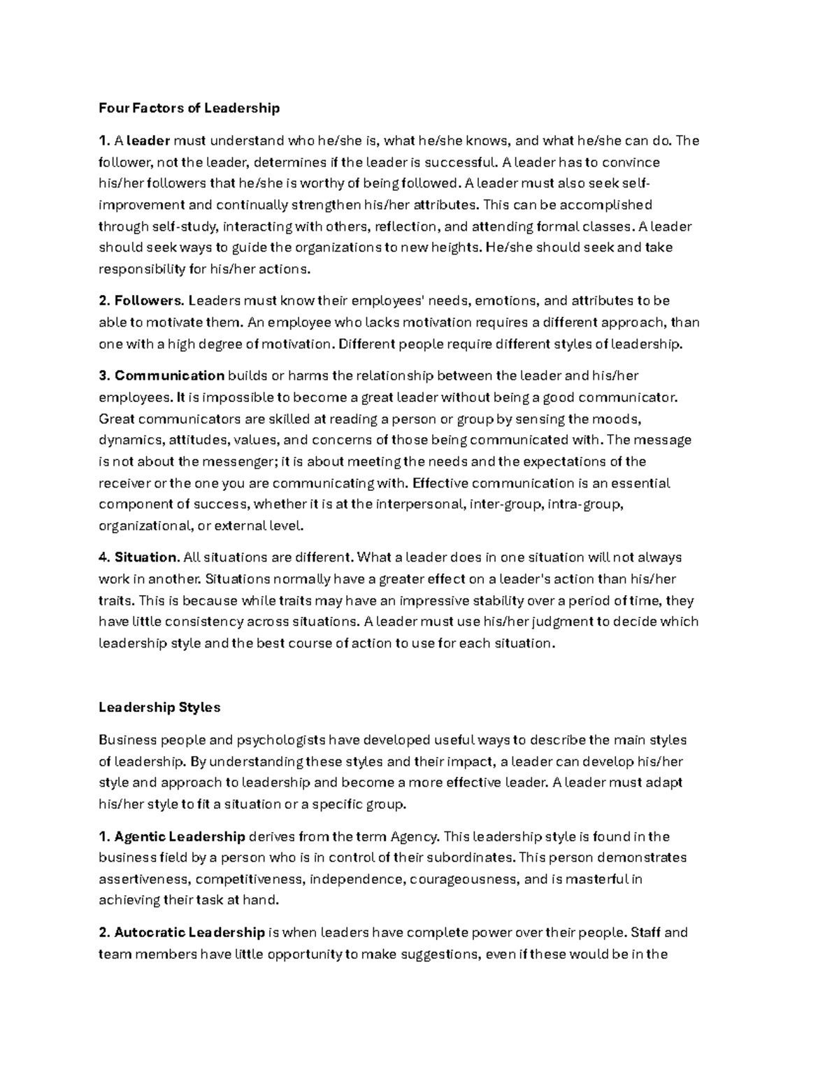 Leadership Theories and Styles: Comprehensive Notes for BUS 101 - Studocu
