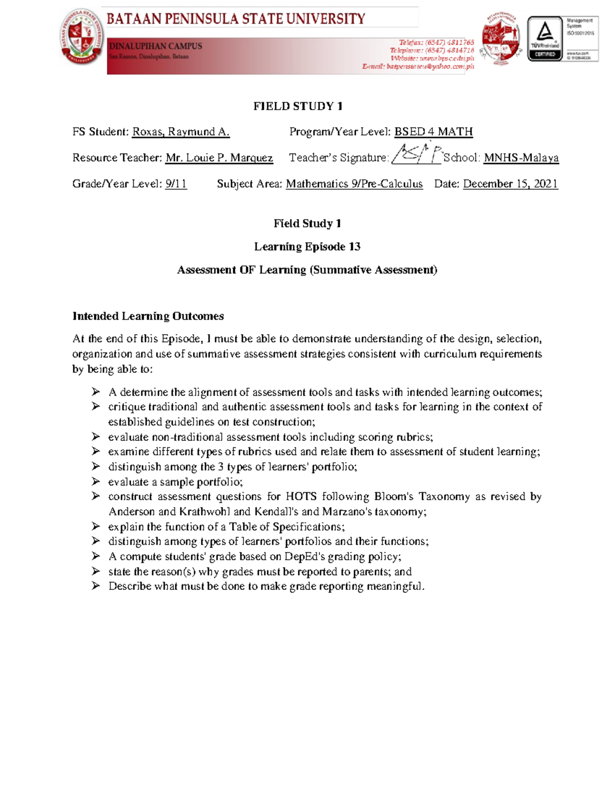 FS1 Answer Key: Understanding Assessment Strategies in Math 9/Pre-Cal ...