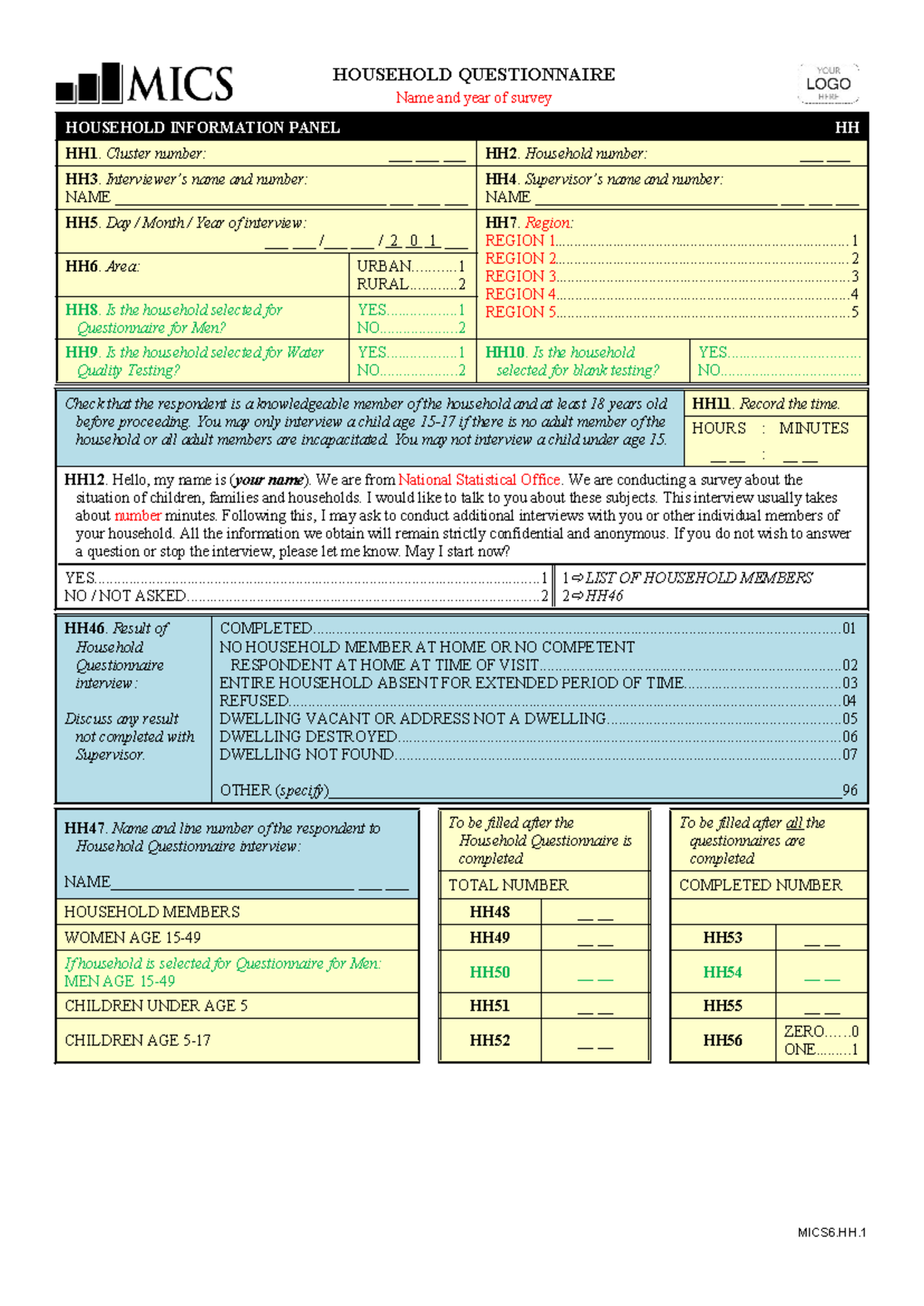 MICS6 Household Questionnaire 2018: Data Collection Guide - Studocu