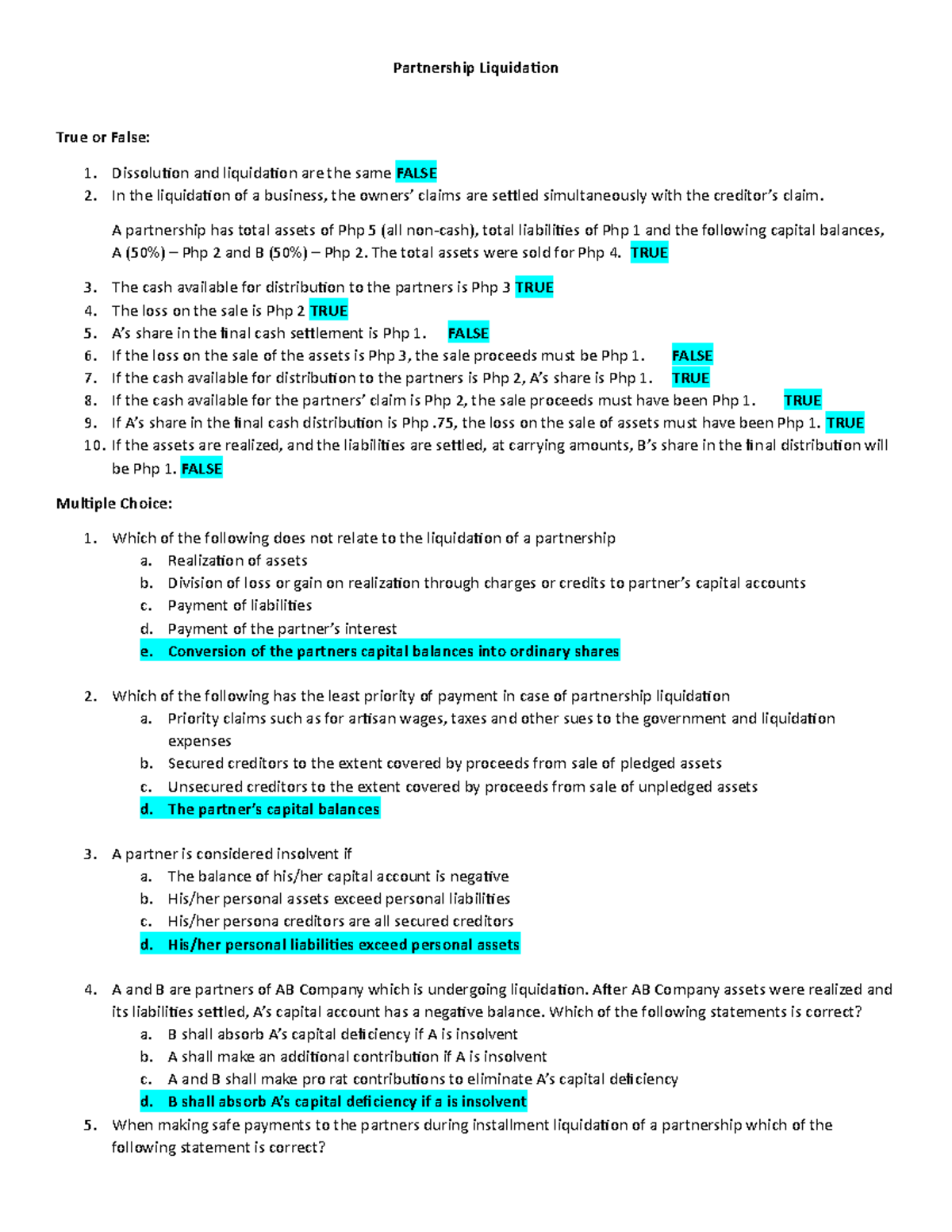 Partnership Liquidation Analysis: True/False & Multiple Choice Exam ...