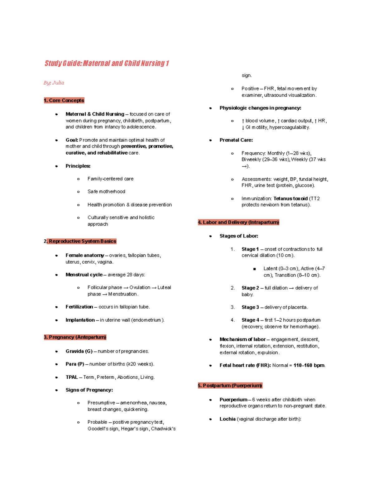 Maternal and Child Nursing 1: Core Concepts Study Guide - Studocu