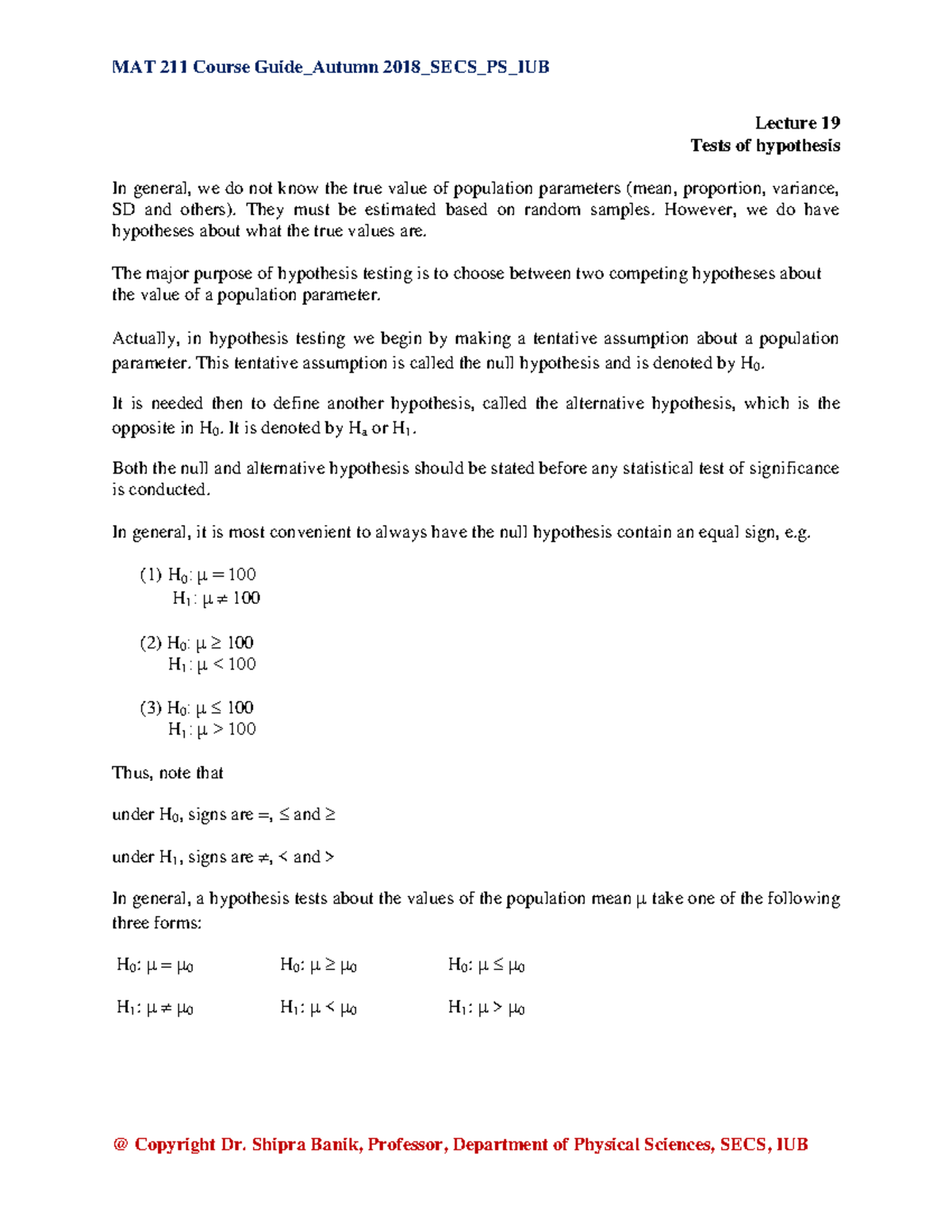 MAT 211 Lecture 19: Hypothesis Testing Concepts and Examples - Studocu