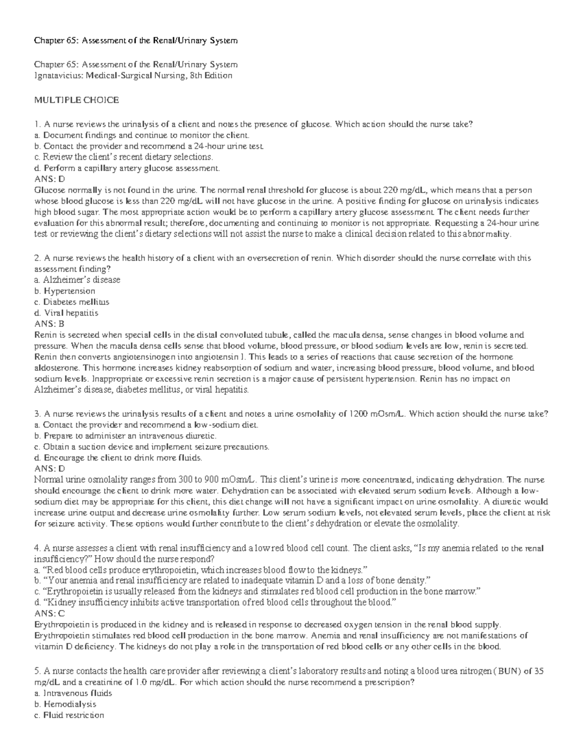 Med Surg II Renal Exam Q&A: Key Concepts and Practice Questions - Studocu