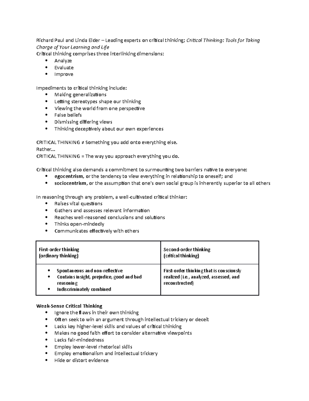 Critical Thinking Notes: Insights from Richard Paul & Linda Elder - Studocu