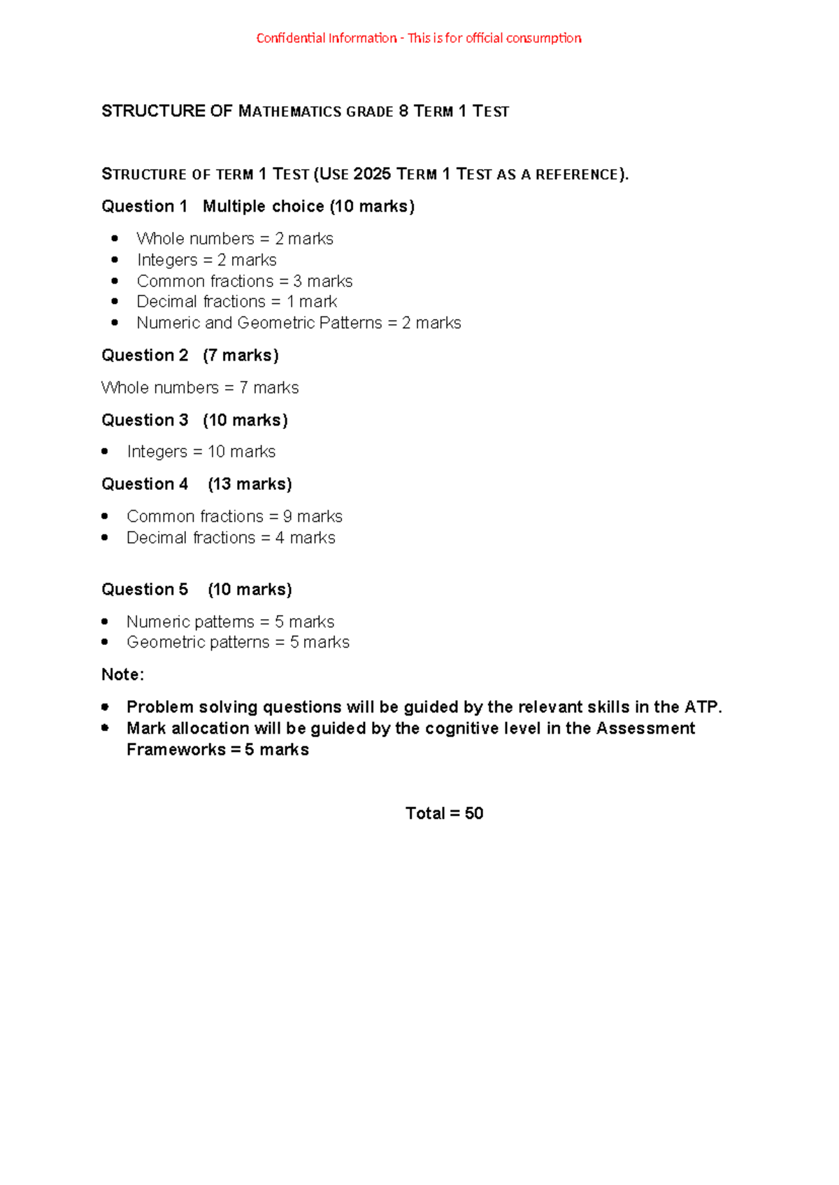 2026 Term 1 Maths Grade 8 Test Structure and Mark Allocation - Studocu