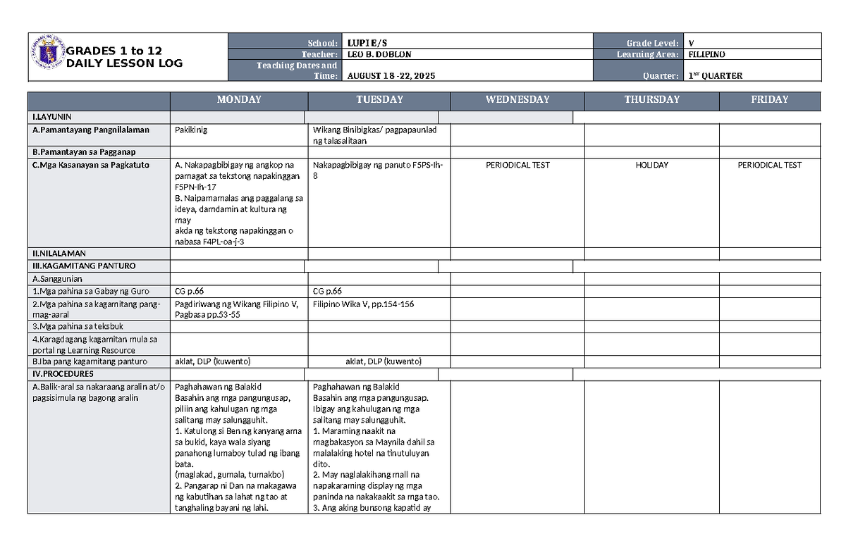DLL Filipino 5 Q1 W8: Daily Lesson Log for Grades 1-12 - Studocu