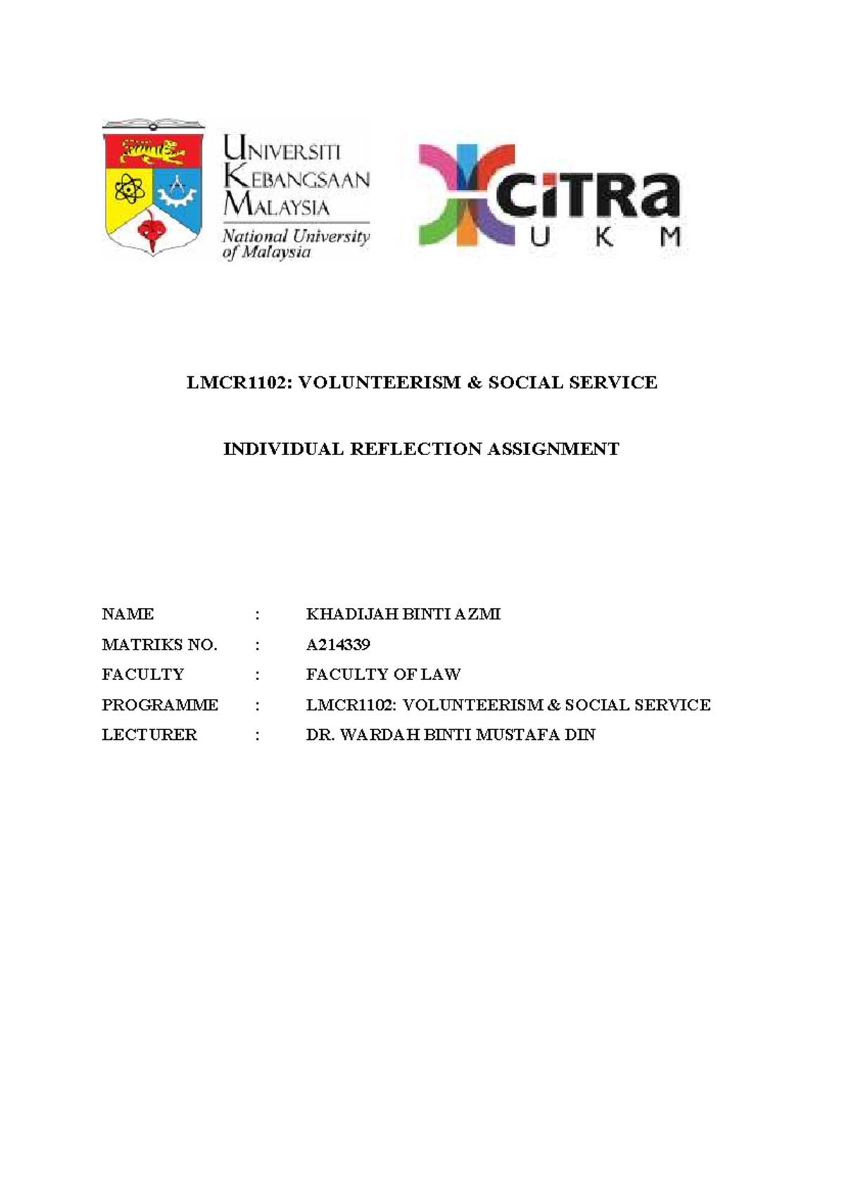 LMCR1102: Individual Reflection on Volunteerism and Community Service ...