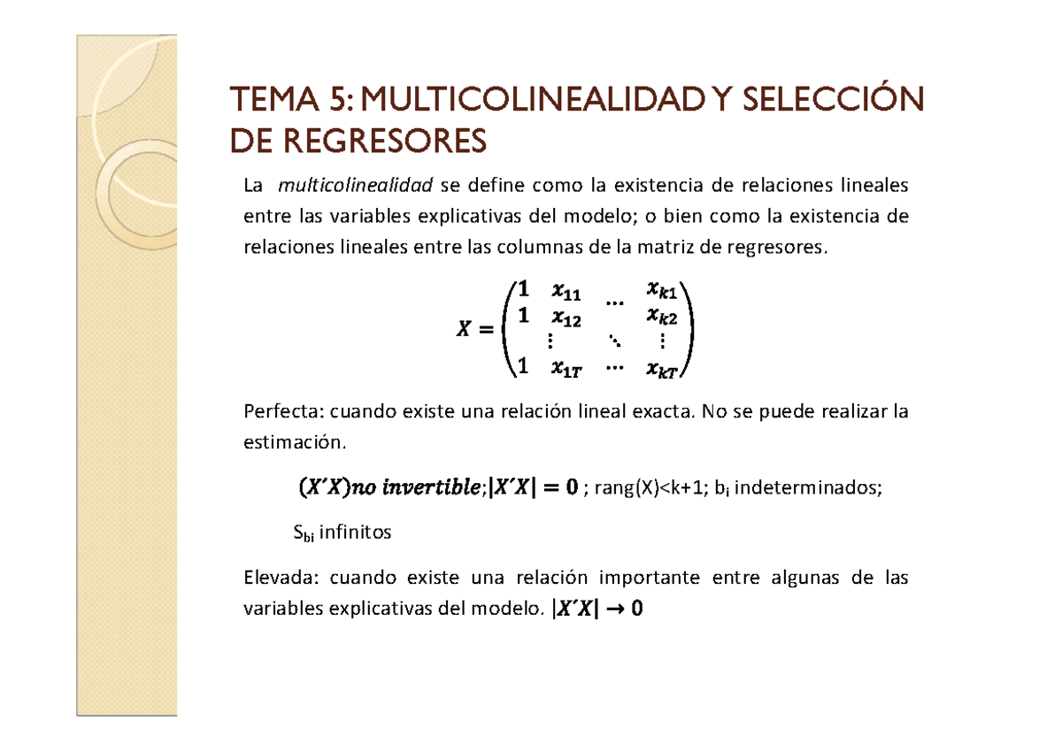 Esquema. Tema 5 - apuntes - TEMA 5: MULTICOLINEALIDAD Y SELECCIÓNDE ...