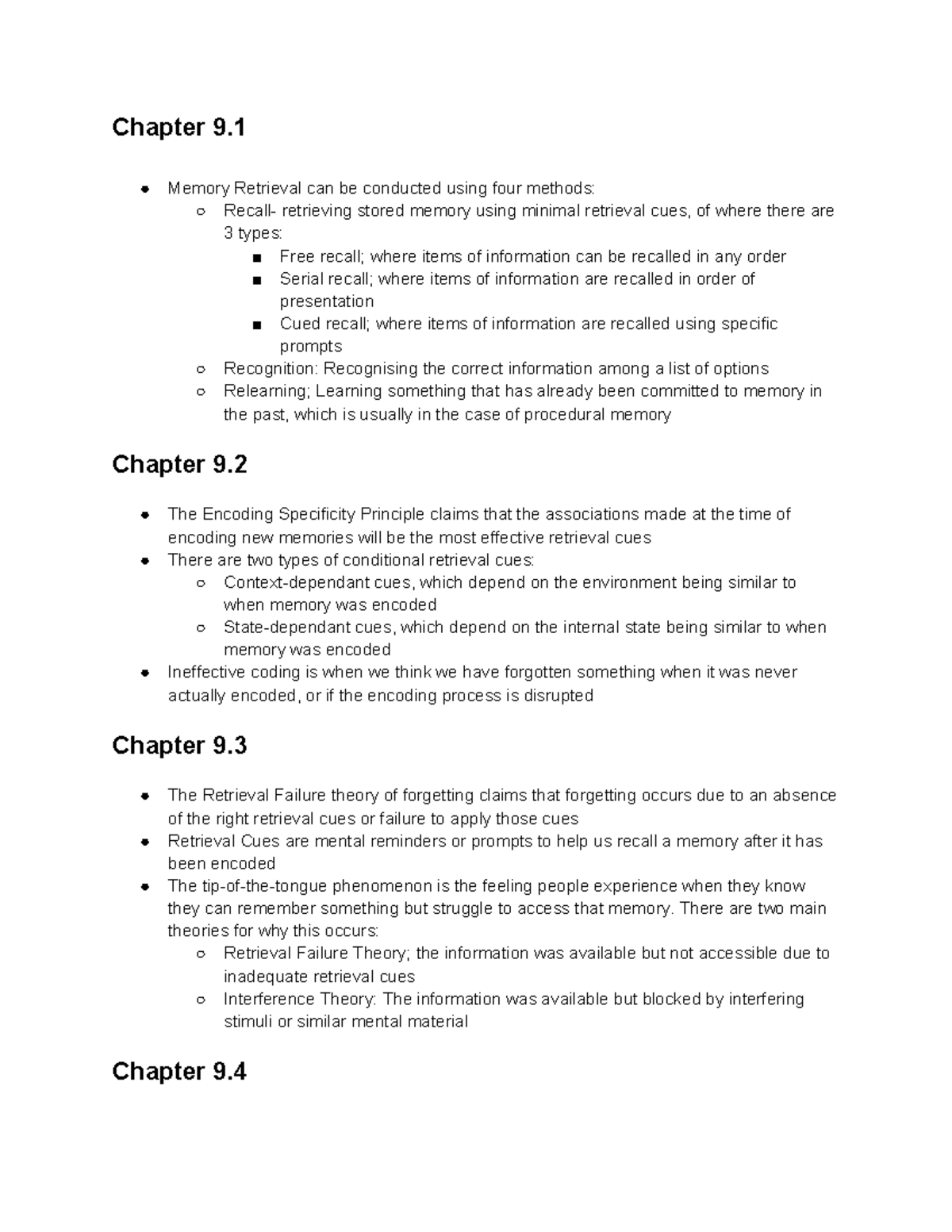 Psychology Chapter 9: Memory Retrieval Methods and Theories - Studocu