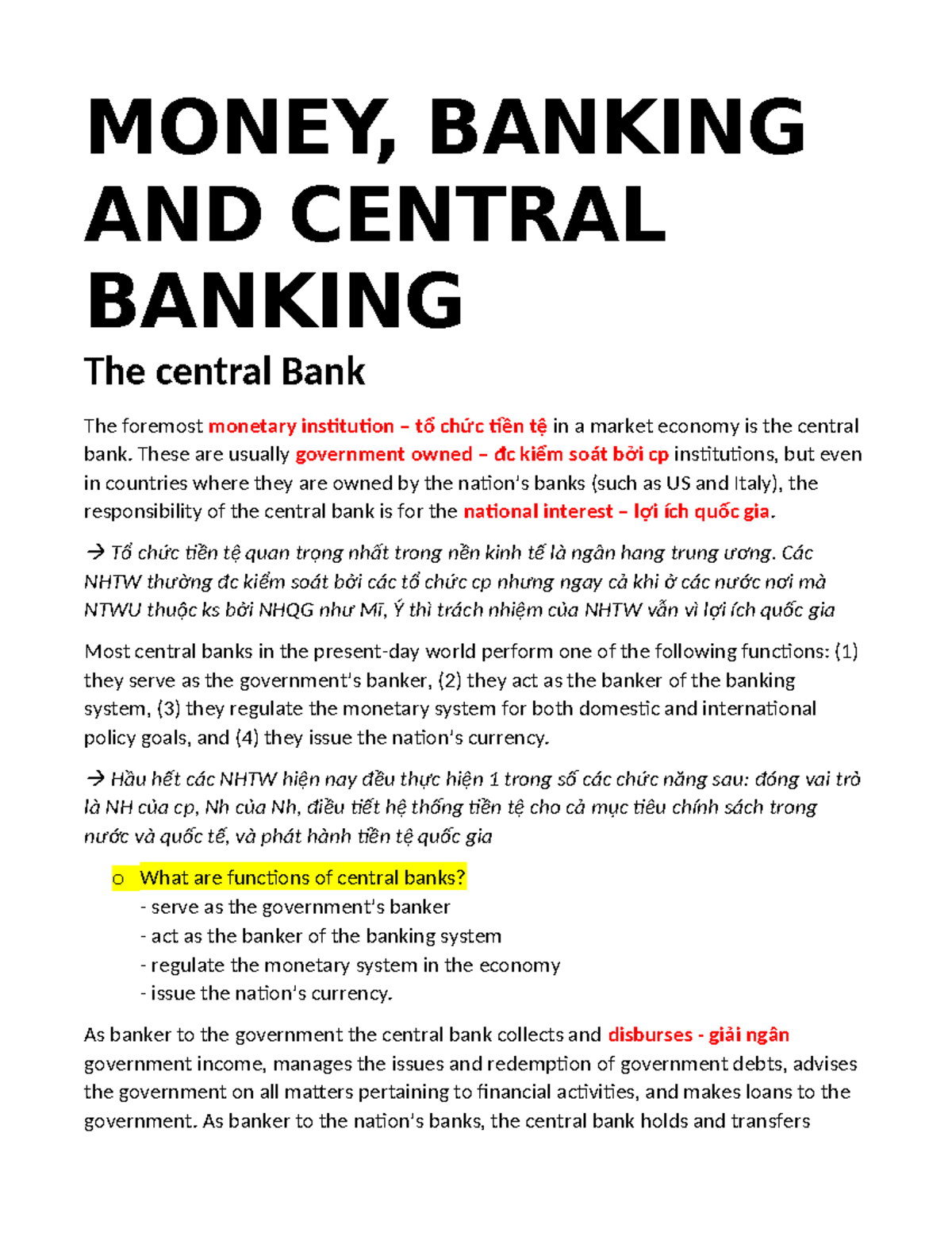 Money and Banking - TT 31 2022 Overview and Functions of Central Banks ...