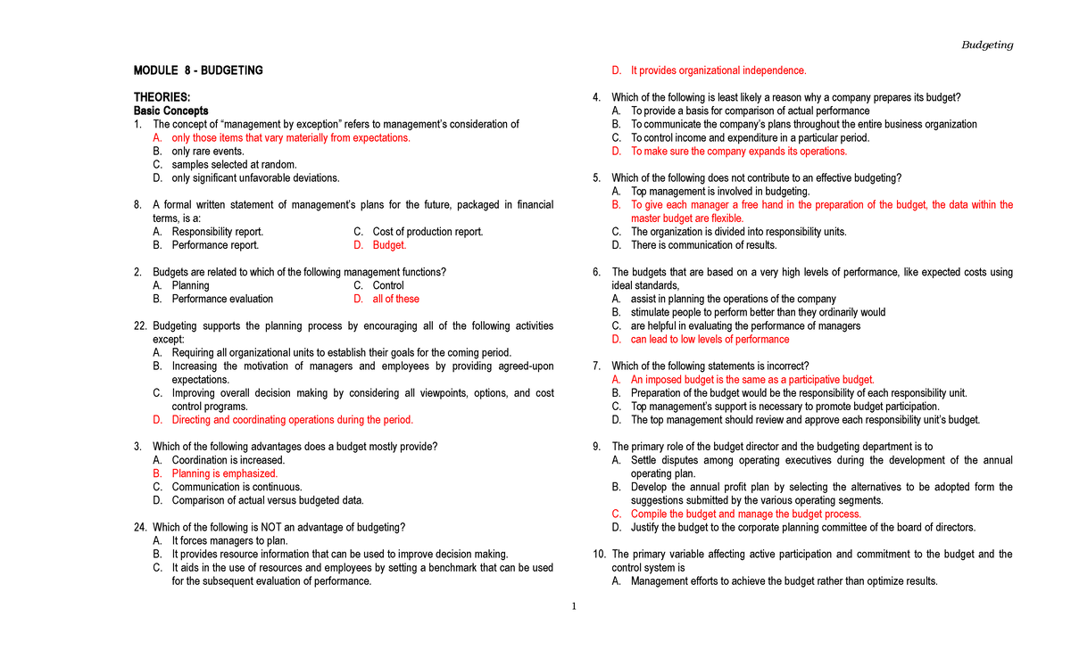 Budgeting Insights and Concepts: MODULE 8 BUDGETING D - Studocu