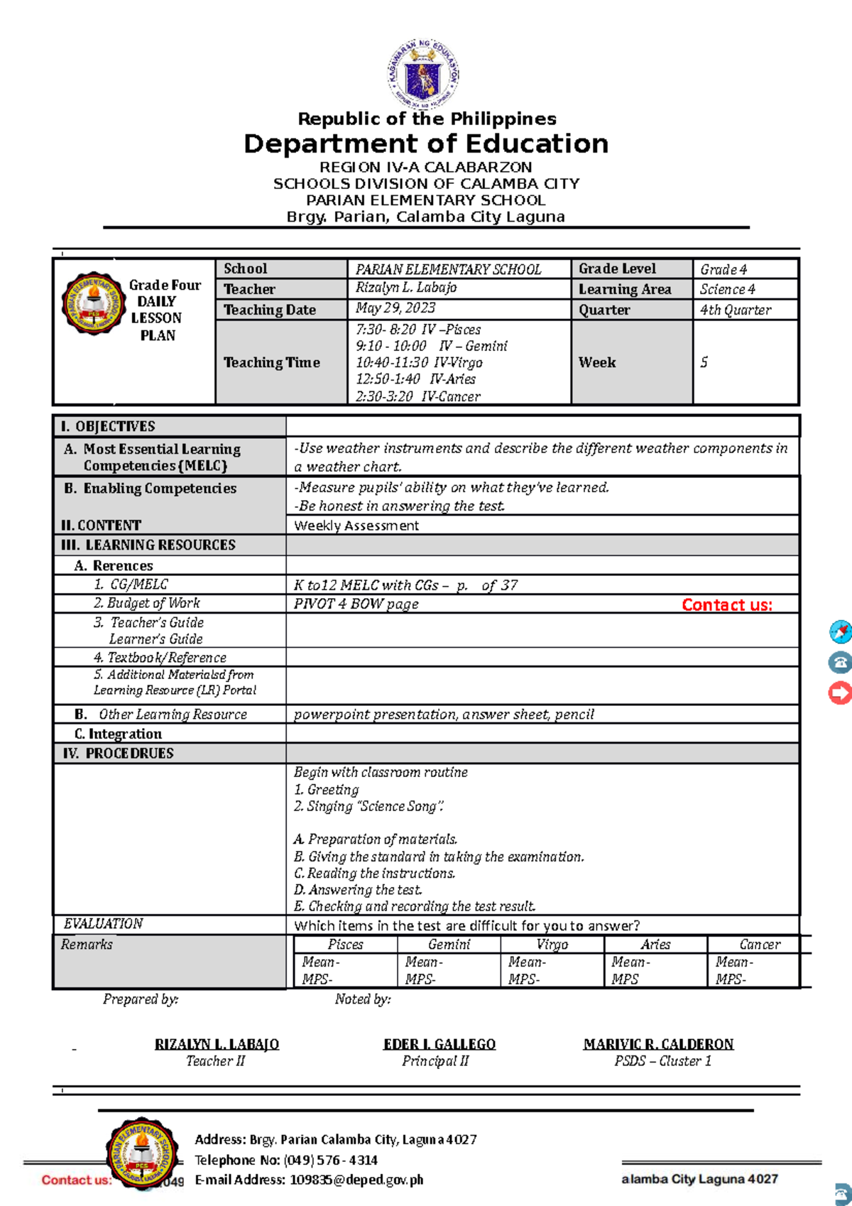 Grade 4 Science 4 Daily Lesson Plan Q4 W5 - Weather Safety Concepts ...