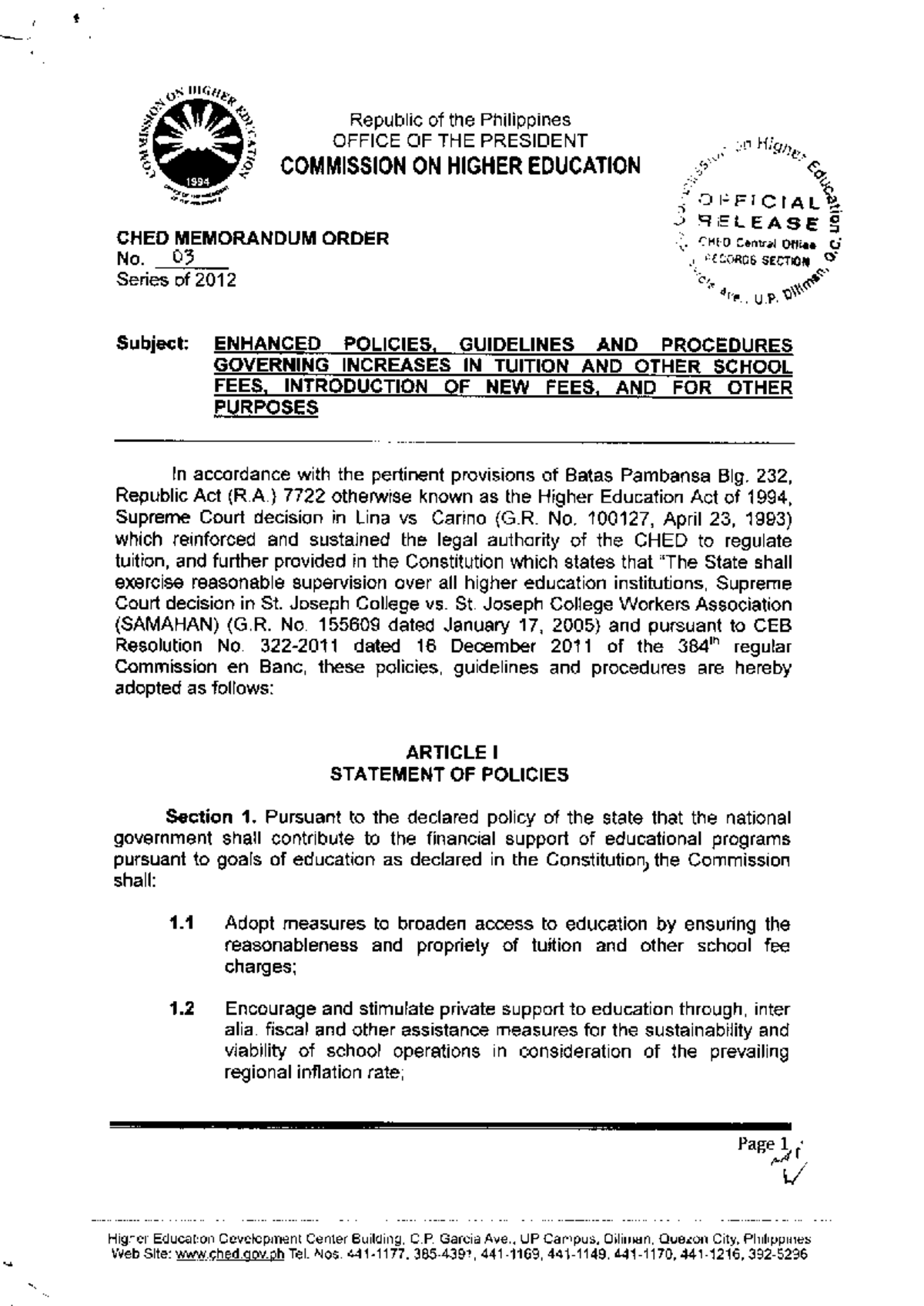 CHED Memorandum Order No. 03 Series of 2012: Tuition & Fees Guidelines ...