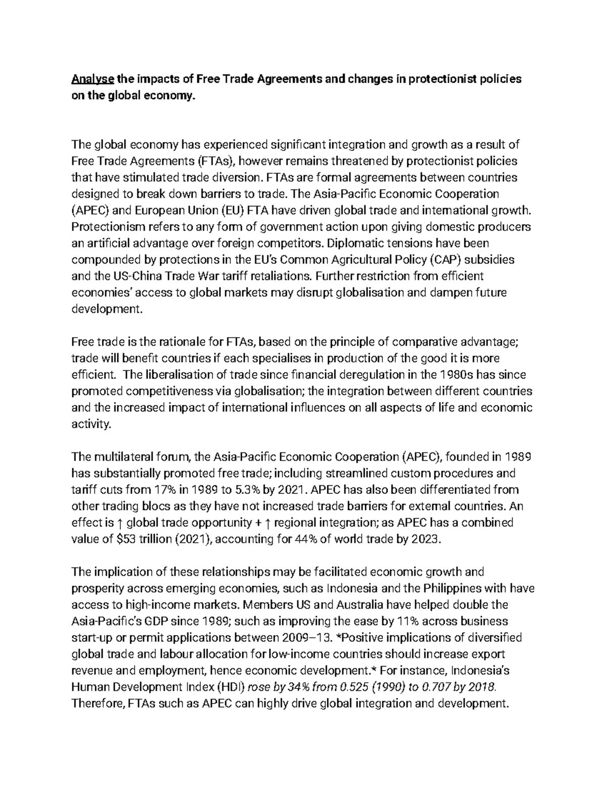 FTAs and Protectionist Policies: Impacts on Global Economy (ESSAY ...
