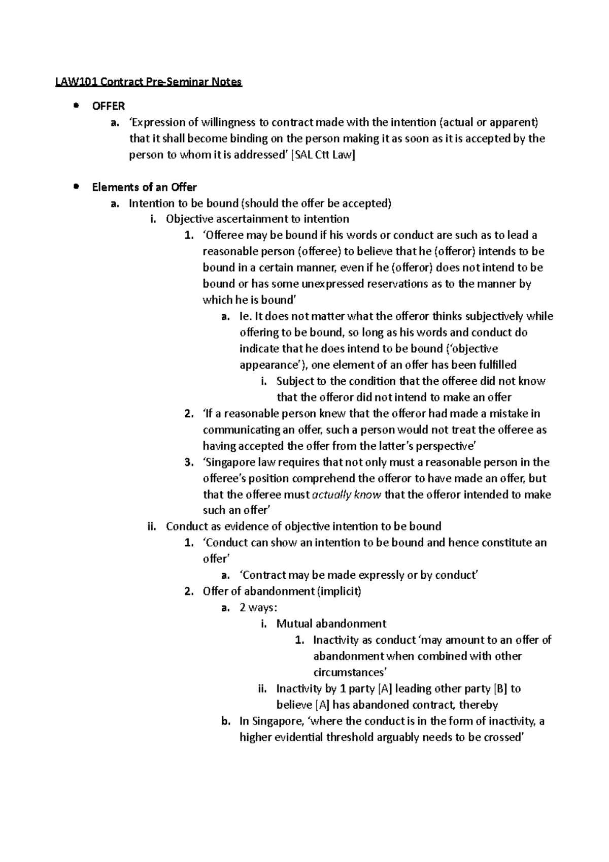 LAW101 Contract Offer and Acceptance Overview Notes - Studocu