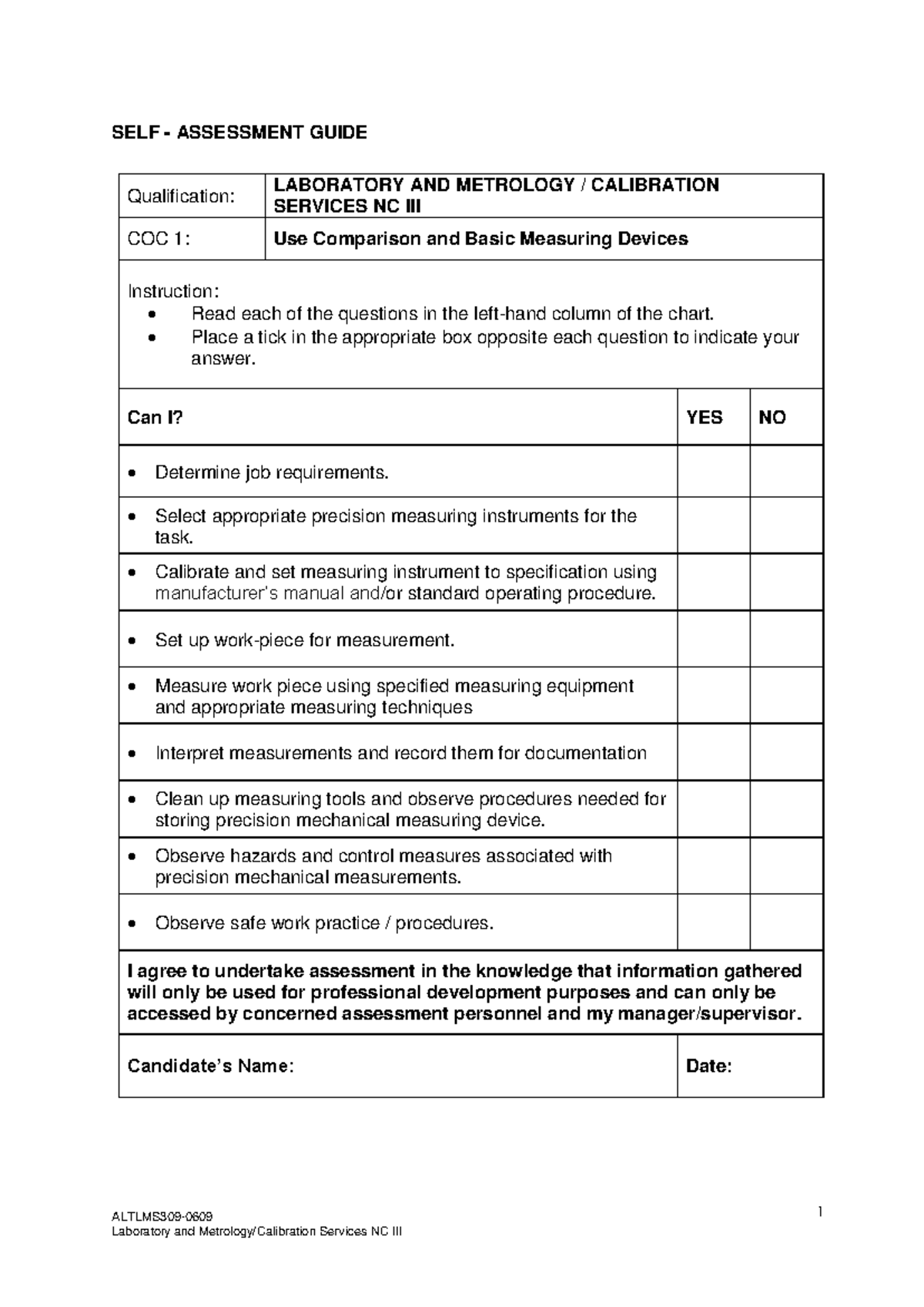 Self-Assessment Guide: Lab & Metrology Calibration Services NC COC 1 ...