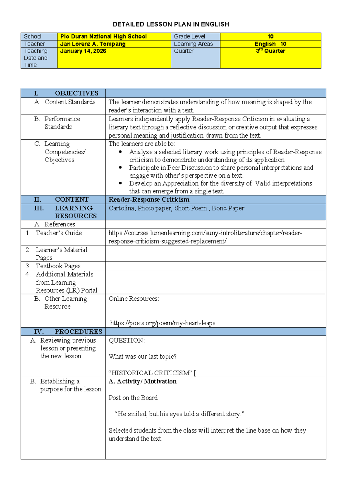 DLP 10 English: Lesson Plan on Reader Response Criticism - Studocu