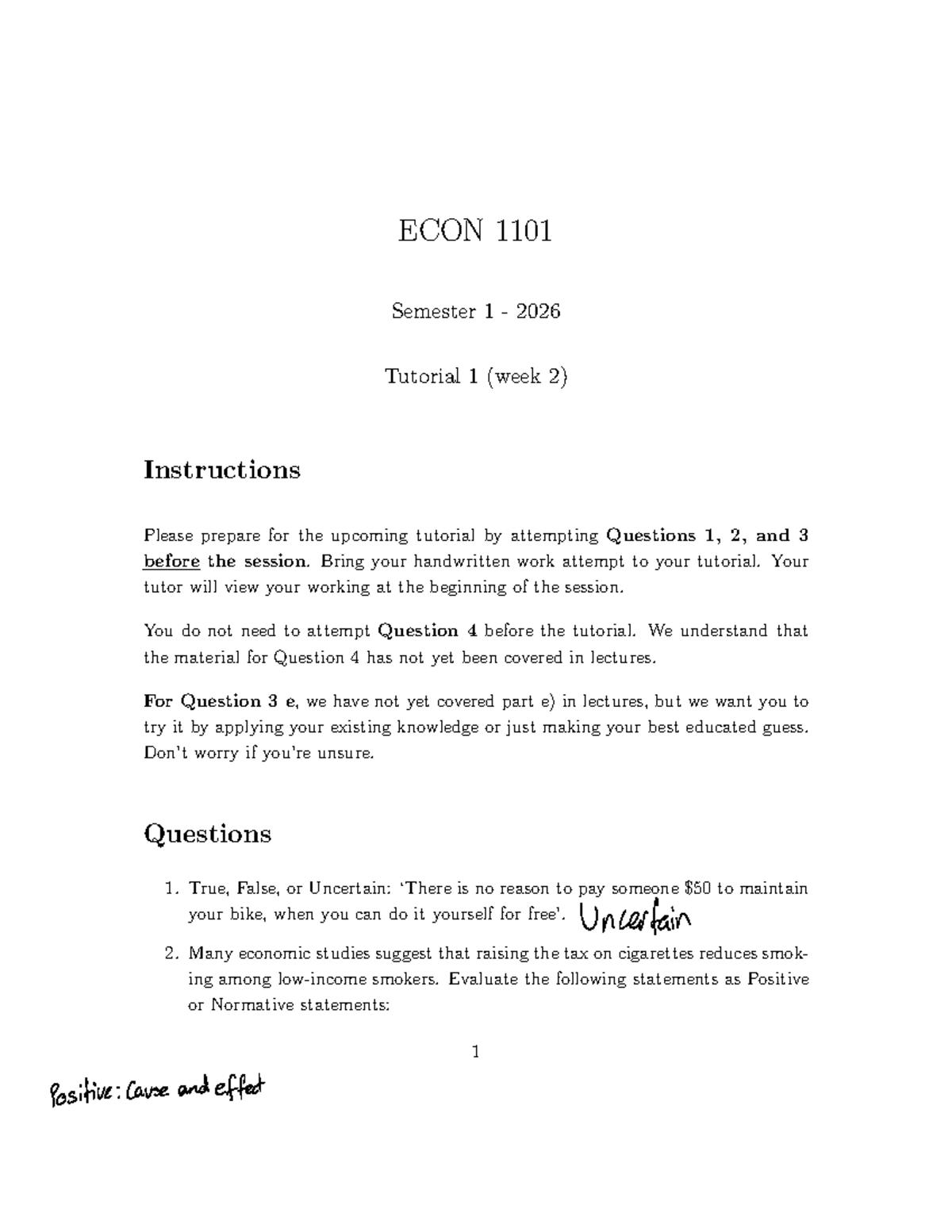 ECON 1101 Semester 1 2026 Tutorial 1 Week 2 Preparation Guide - Studocu