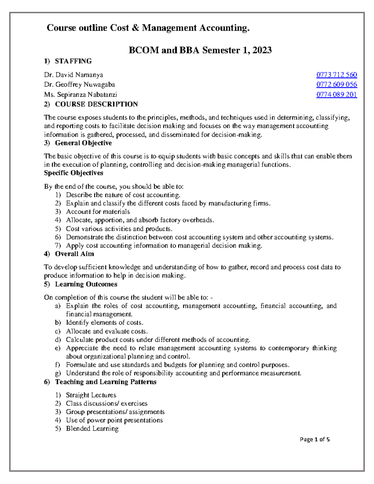 BCOM/BBA 1: Cost and Management Accounting Course Outline (2023) - Studocu