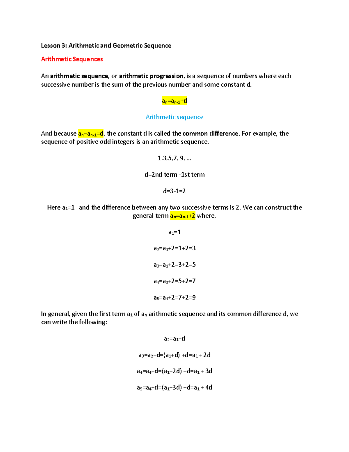 Lesson 3: Arithmetic and Geometric Sequences Overview - Studocu